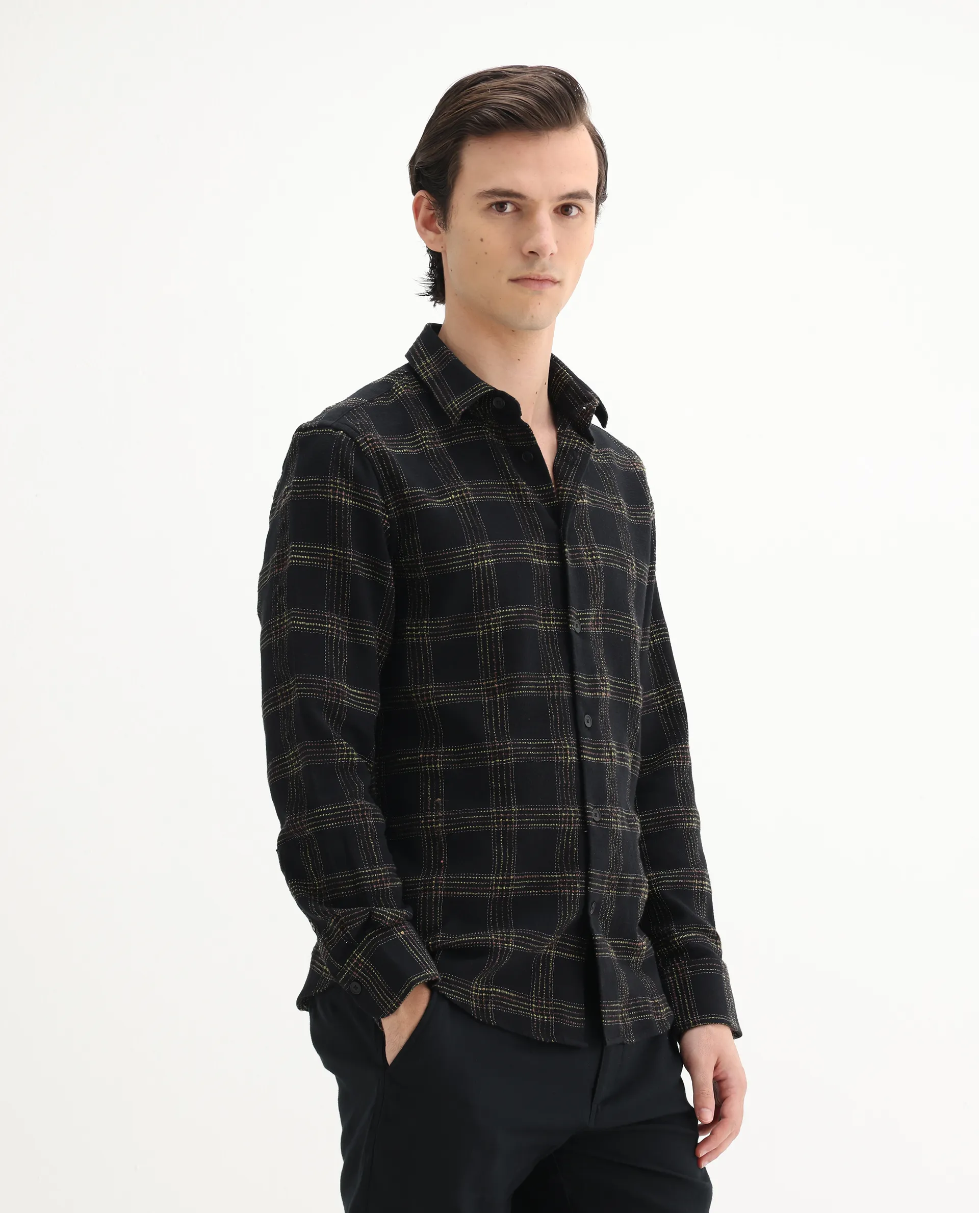 Rare Rabbit Men's Brule Black Cotton Blend Checked Print Regular Fit Full Sleeve Collared Shirt - Image 6