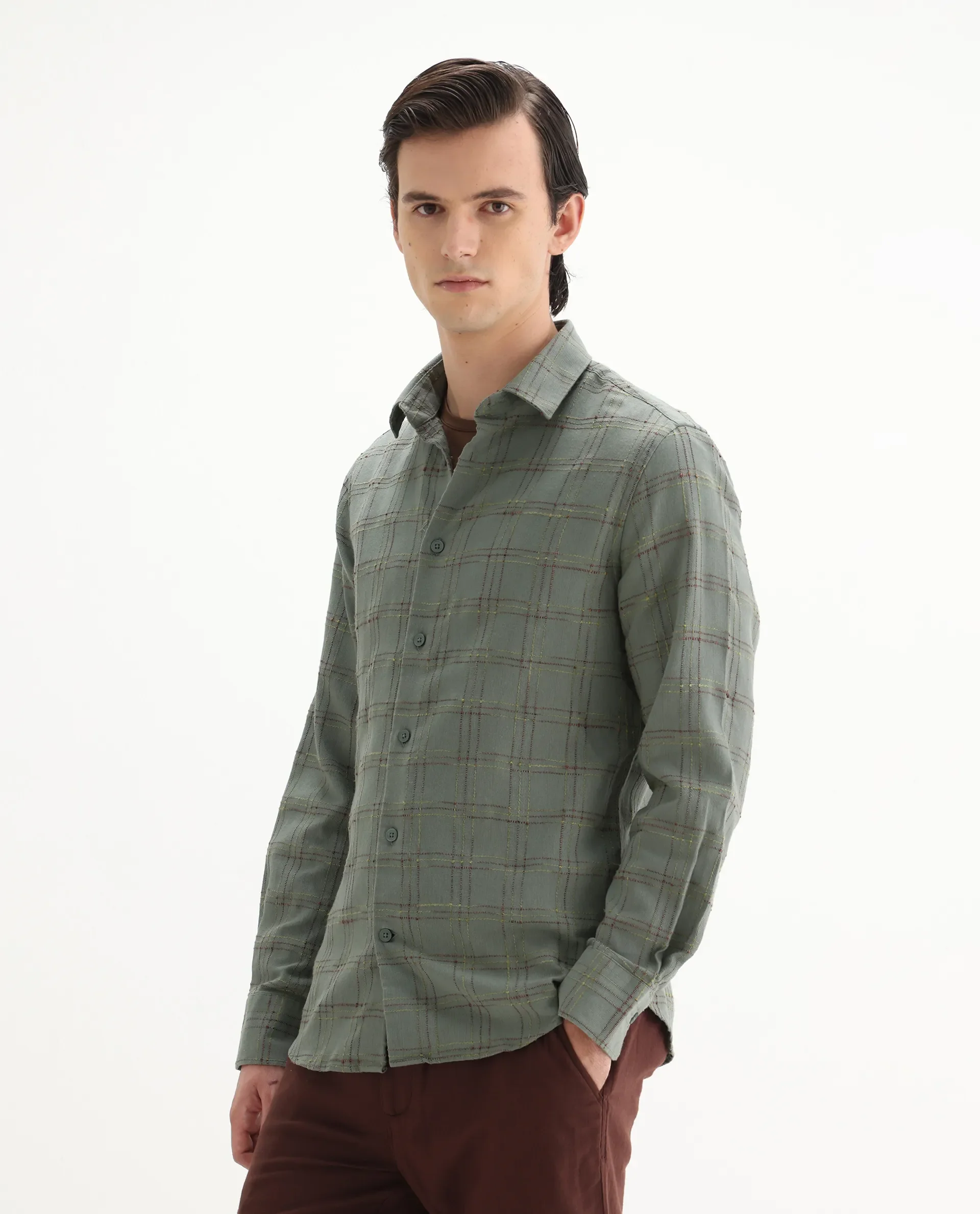 Rare Rabbit Men's Brule Green Cotton Blend Checked Print Regular Fit Full Sleeve Collared Shirt - Image 5