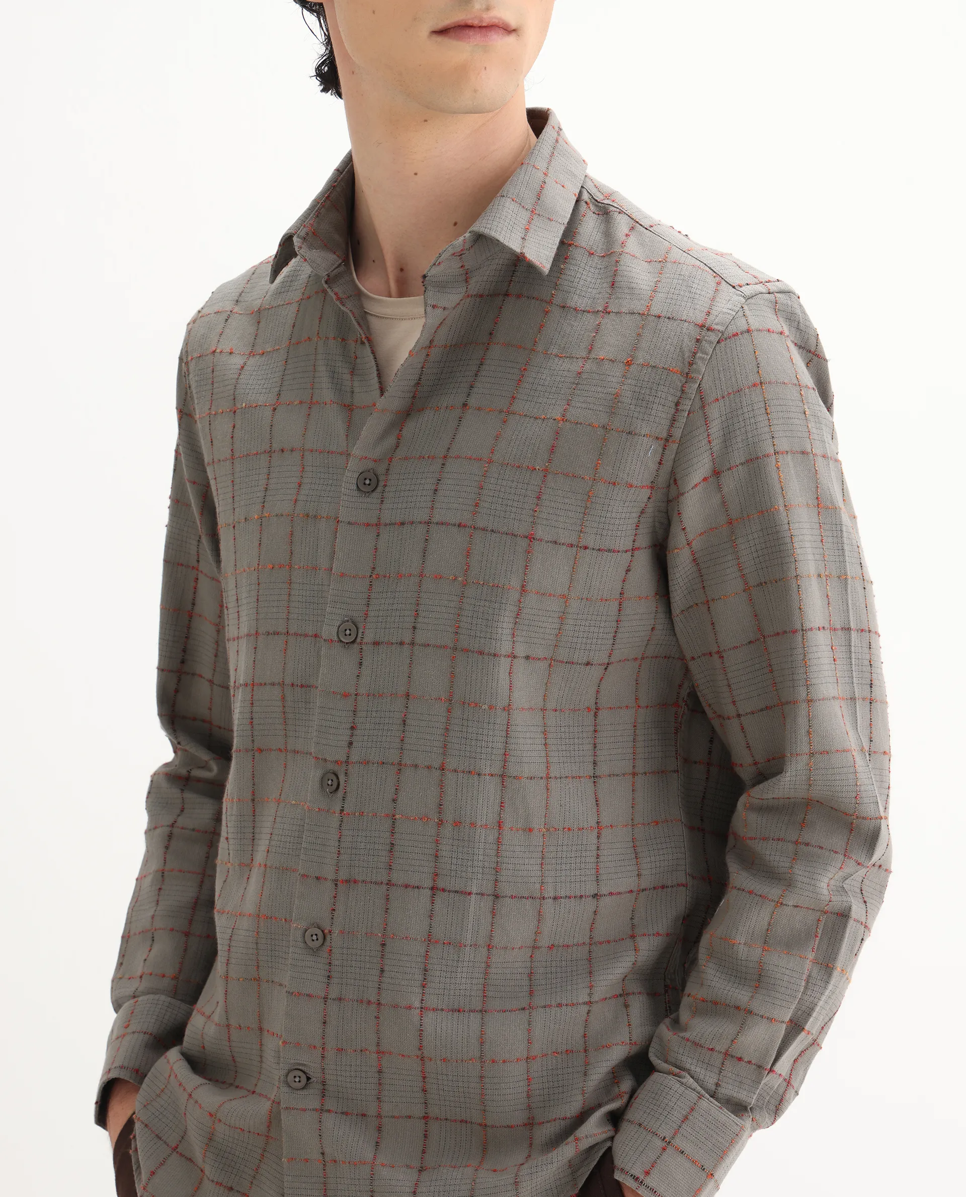 Rare Rabbit Men's Brule Grey Cotton Blend Checked Print Regular Fit Full Sleeve Collared Shirt - Image 3
