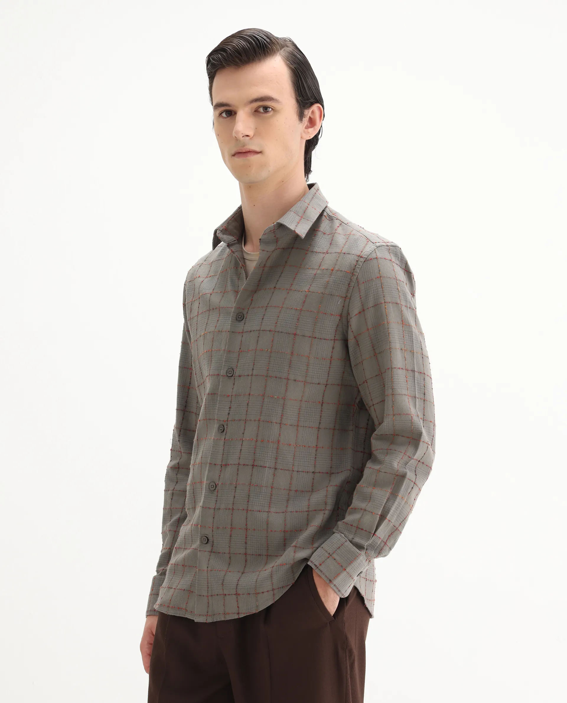 Rare Rabbit Men's Brule Grey Cotton Blend Checked Print Regular Fit Full Sleeve Collared Shirt - Image 4
