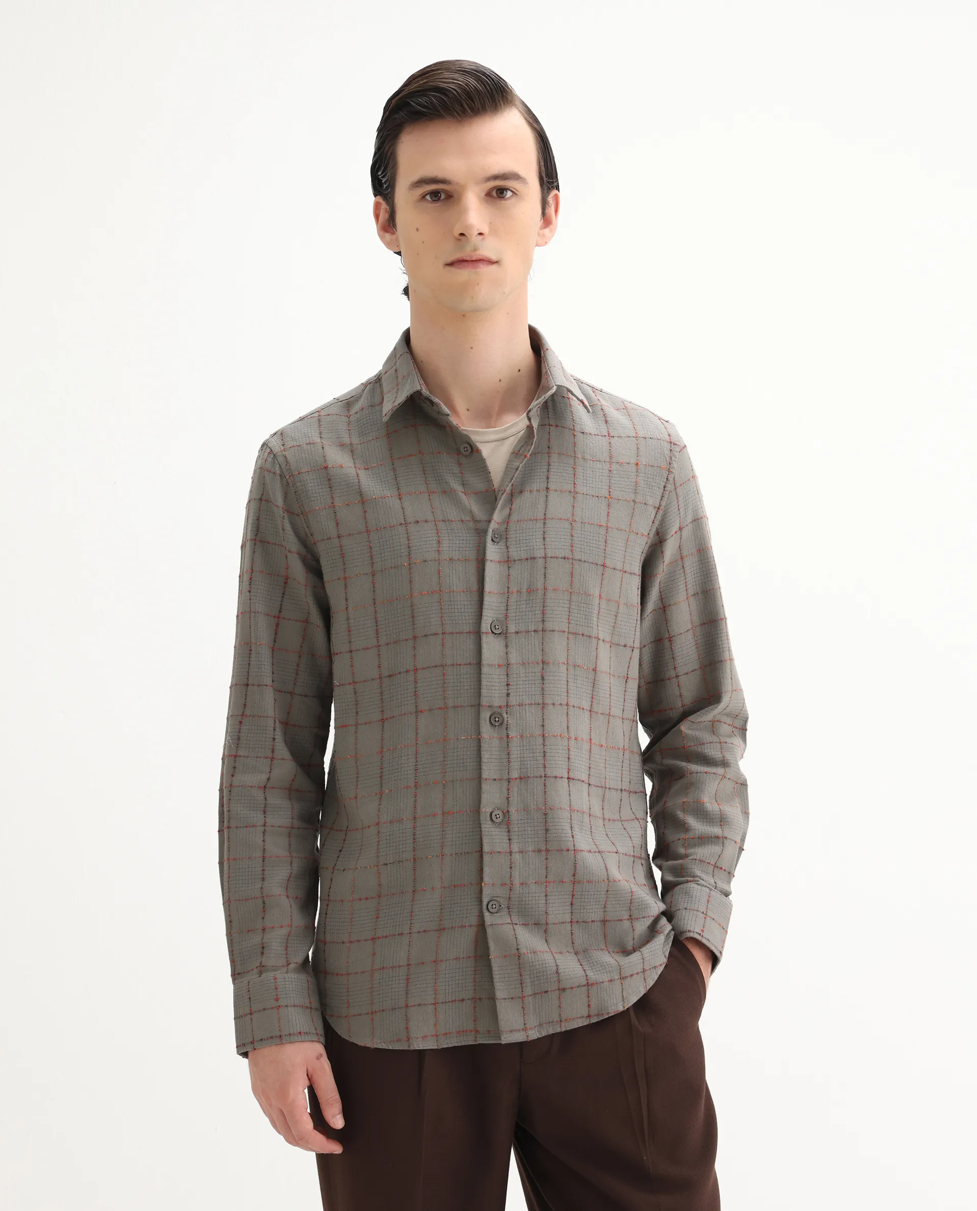 Rare Rabbit Men's Brule Grey Cotton Blend Checked Print Regular Fit Full Sleeve Collared Shirt - Image 5