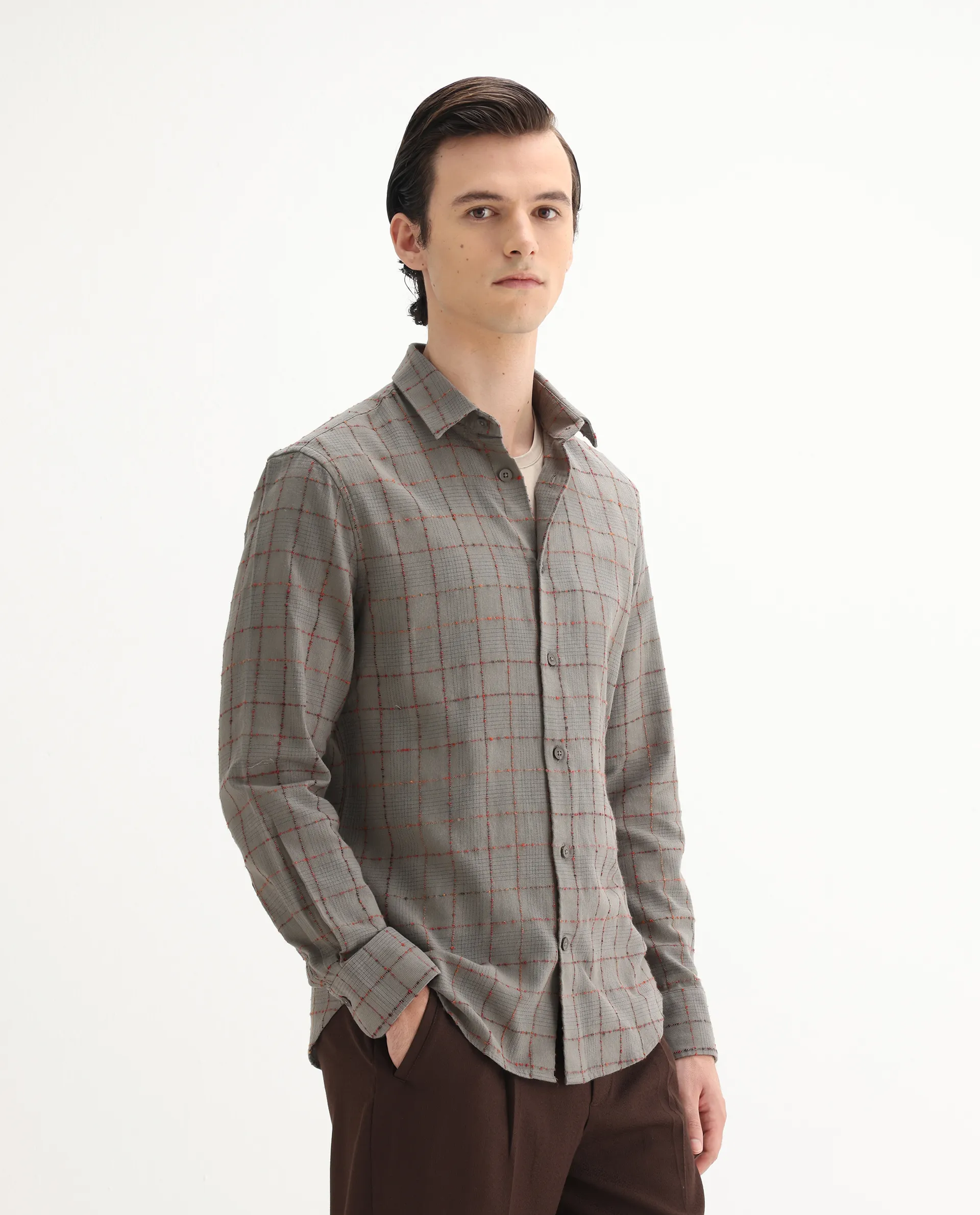 Rare Rabbit Men's Brule Grey Cotton Blend Checked Print Regular Fit Full Sleeve Collared Shirt - Image 6