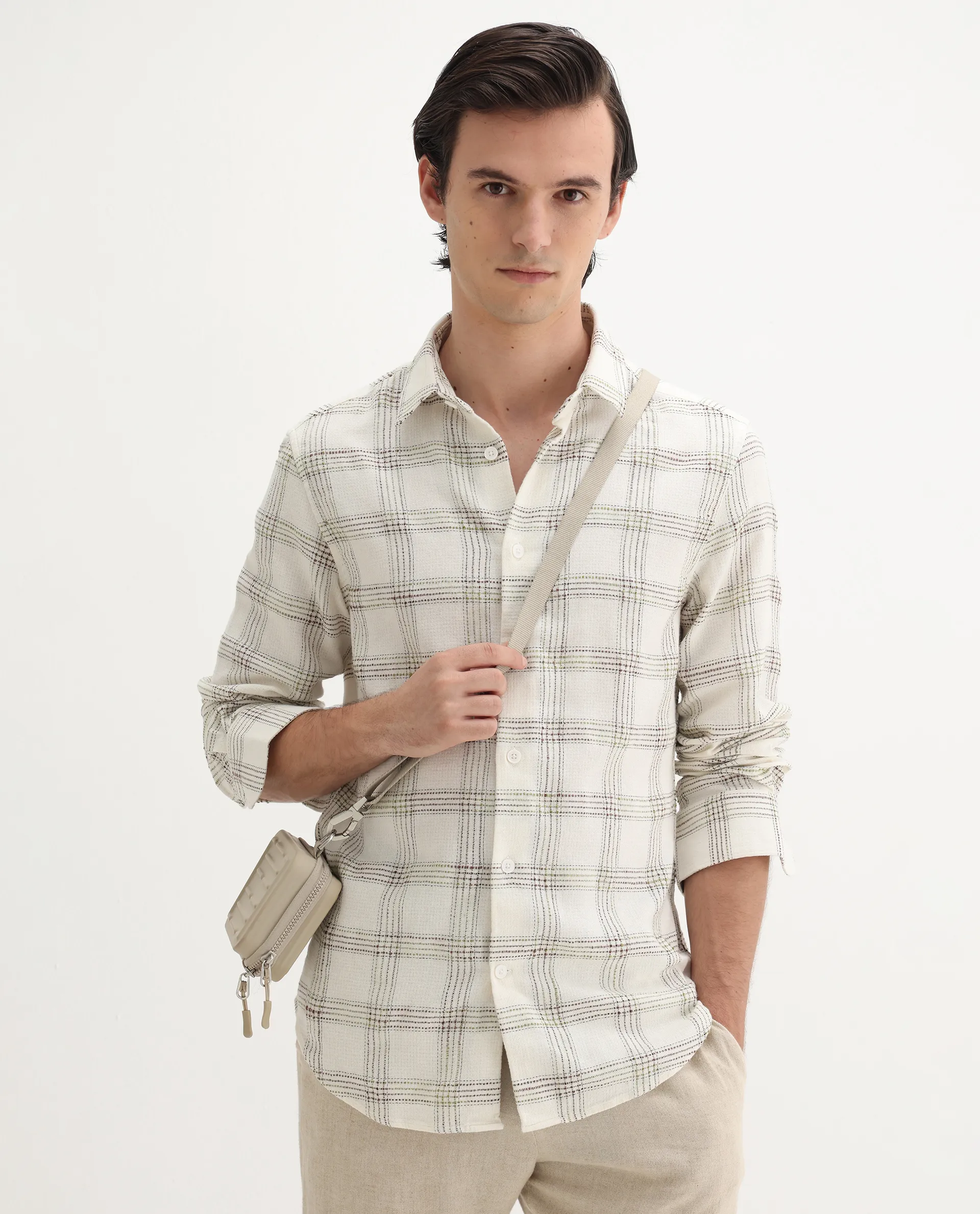 Rare Rabbit Men's Brule White Cotton Blend Checked Print Regular Fit Full Sleeve Collared Shirt
