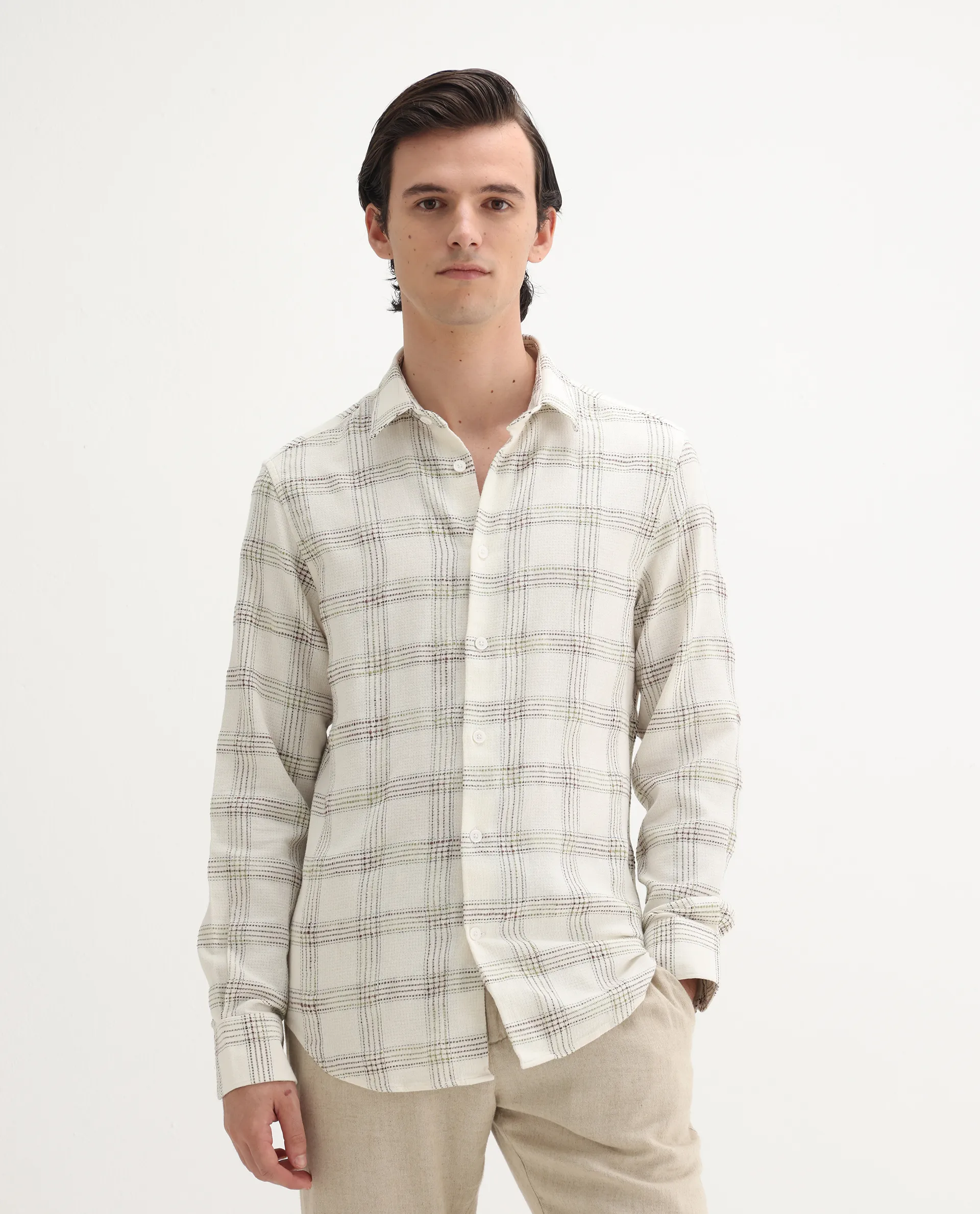Rare Rabbit Men's Brule White Cotton Blend Checked Print Regular Fit Full Sleeve Collared Shirt - Image 7