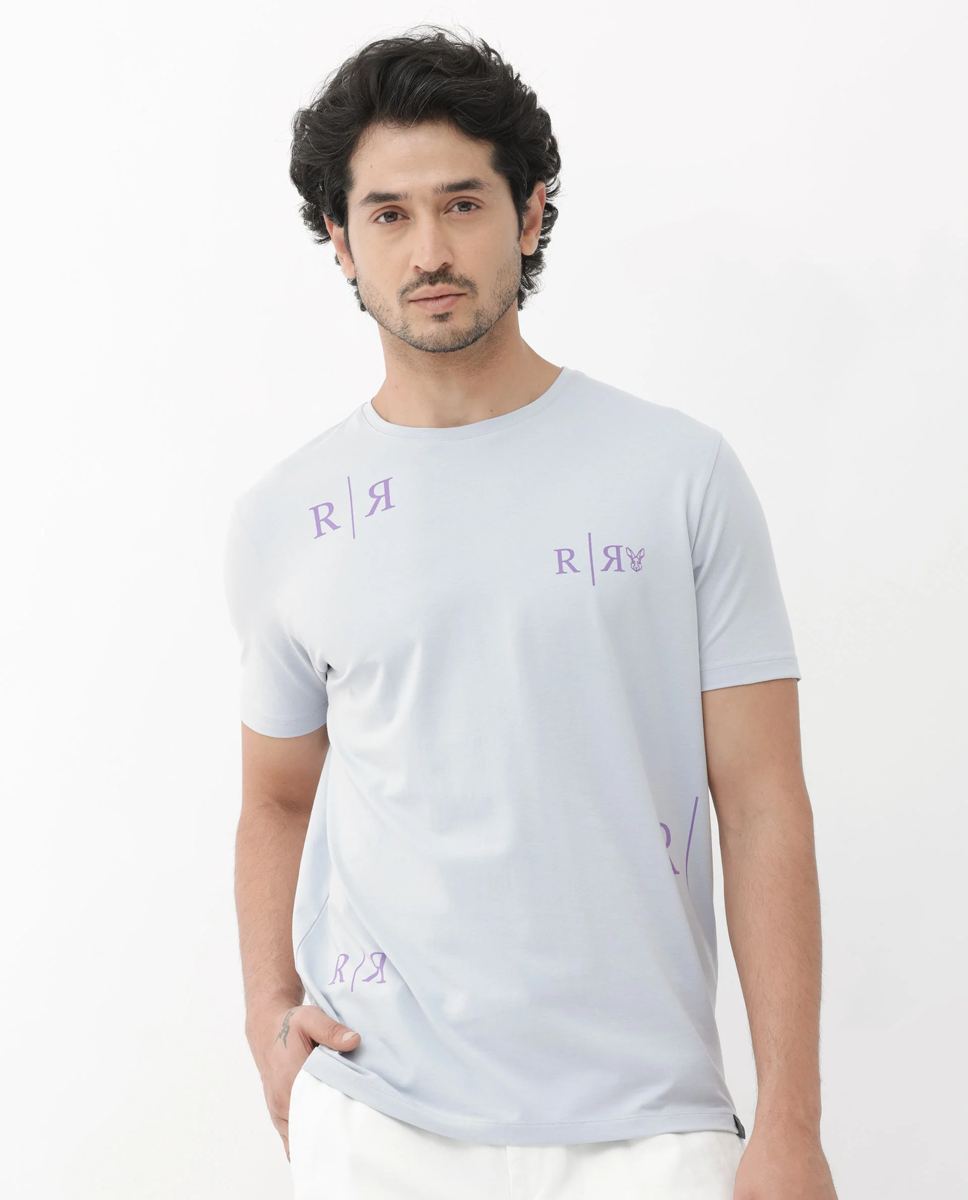 Rare Rabbit Men's Brule Dusky Grey Cotton Blend Graphic Print Regular Fit Half Sleeve Crew Neck T-Shirt