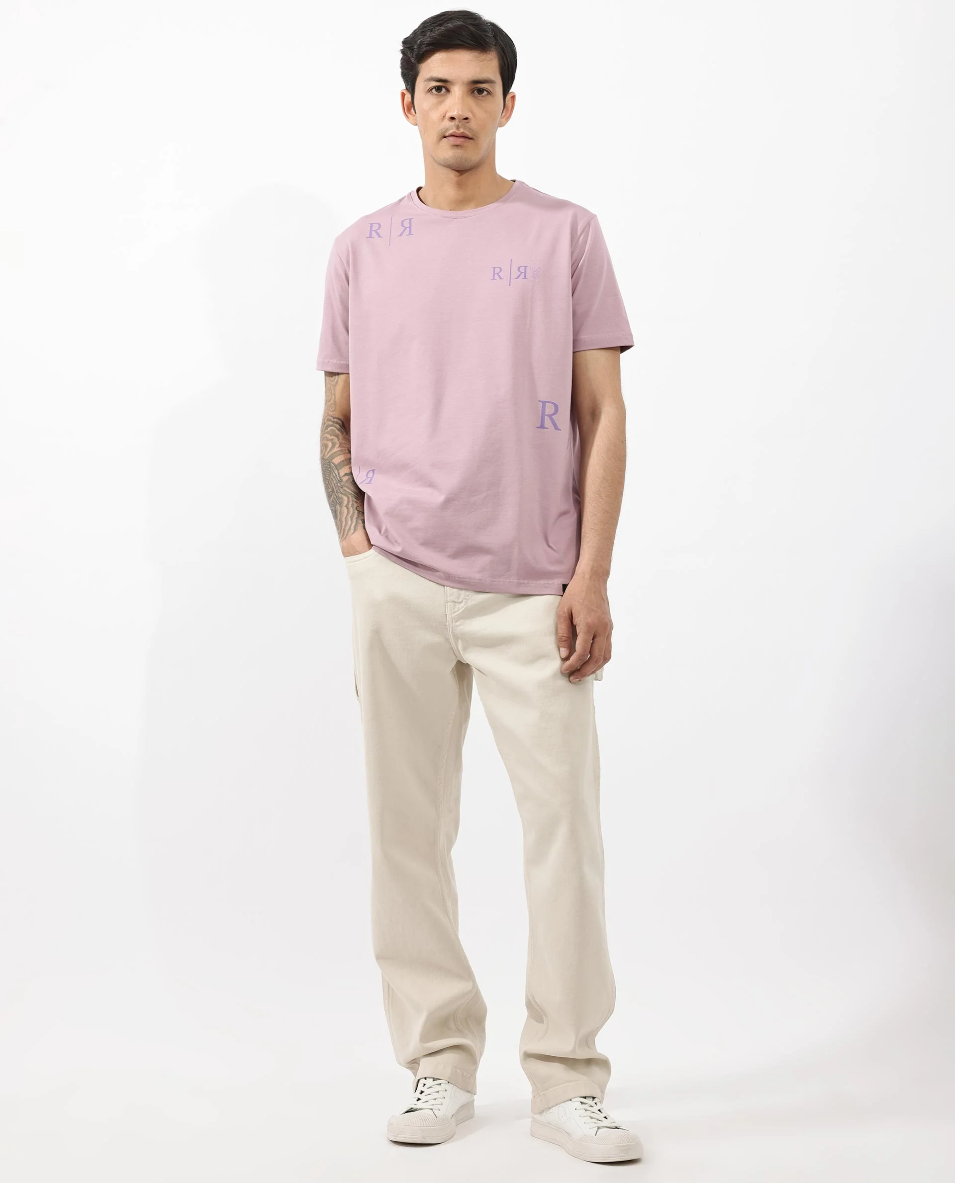 Rare Rabbit Men's Brule Dusky Pink Cotton Blend Graphic Print Regular Fit Half Sleeve Crew Neck T-Shirt - Image 3