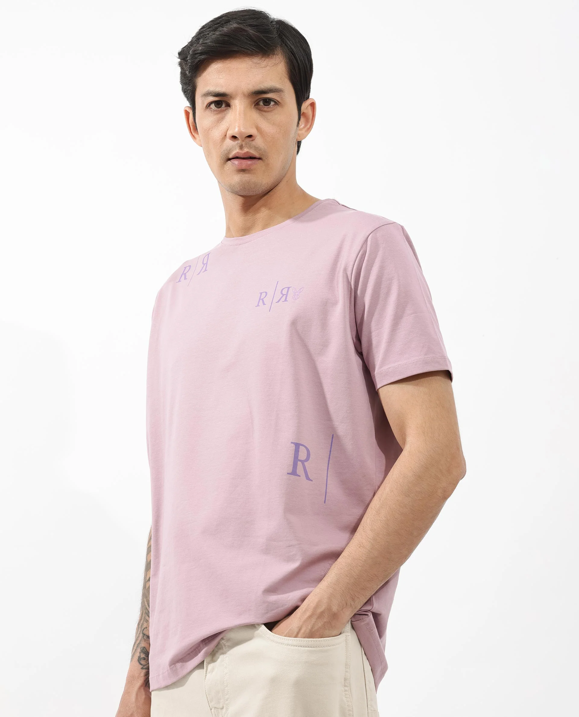 Rare Rabbit Men's Brule Dusky Pink Cotton Blend Graphic Print Regular Fit Half Sleeve Crew Neck T-Shirt - Image 4