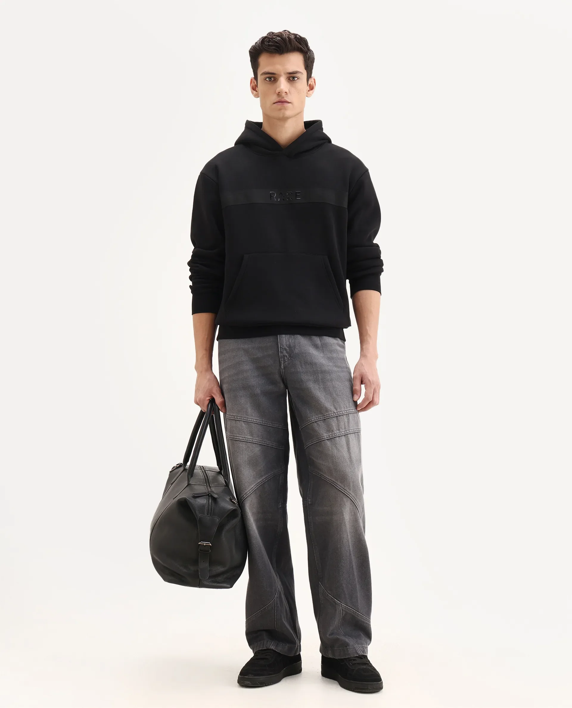 Rare Rabbit Men's Brun Black Cotton Blend Graphic Print Relaxed Fit Full Sleeve Hooded Sweatshirt - Image 2