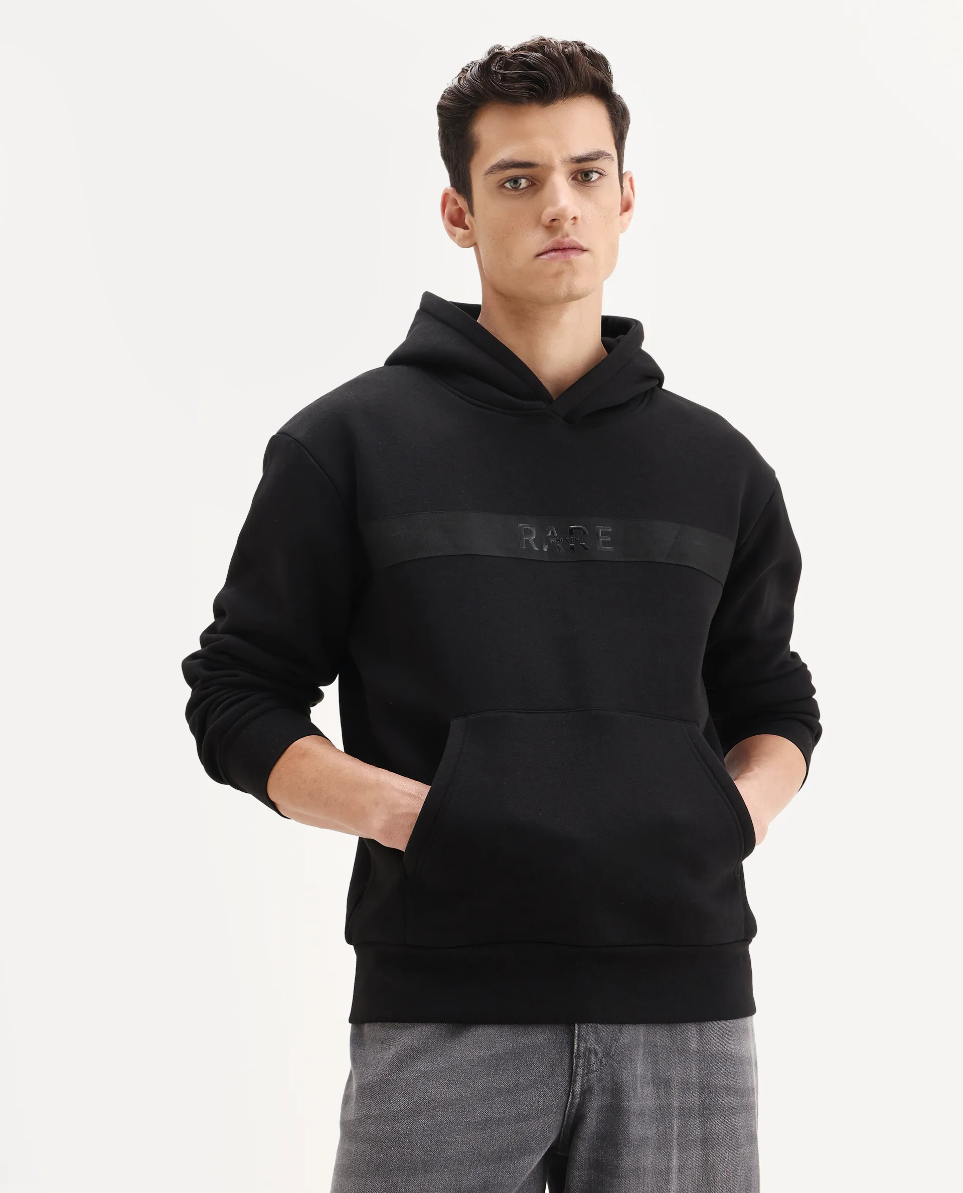 Rare Rabbit Men's Brun Black Cotton Blend Graphic Print Relaxed Fit Full Sleeve Hooded Sweatshirt - Image 3