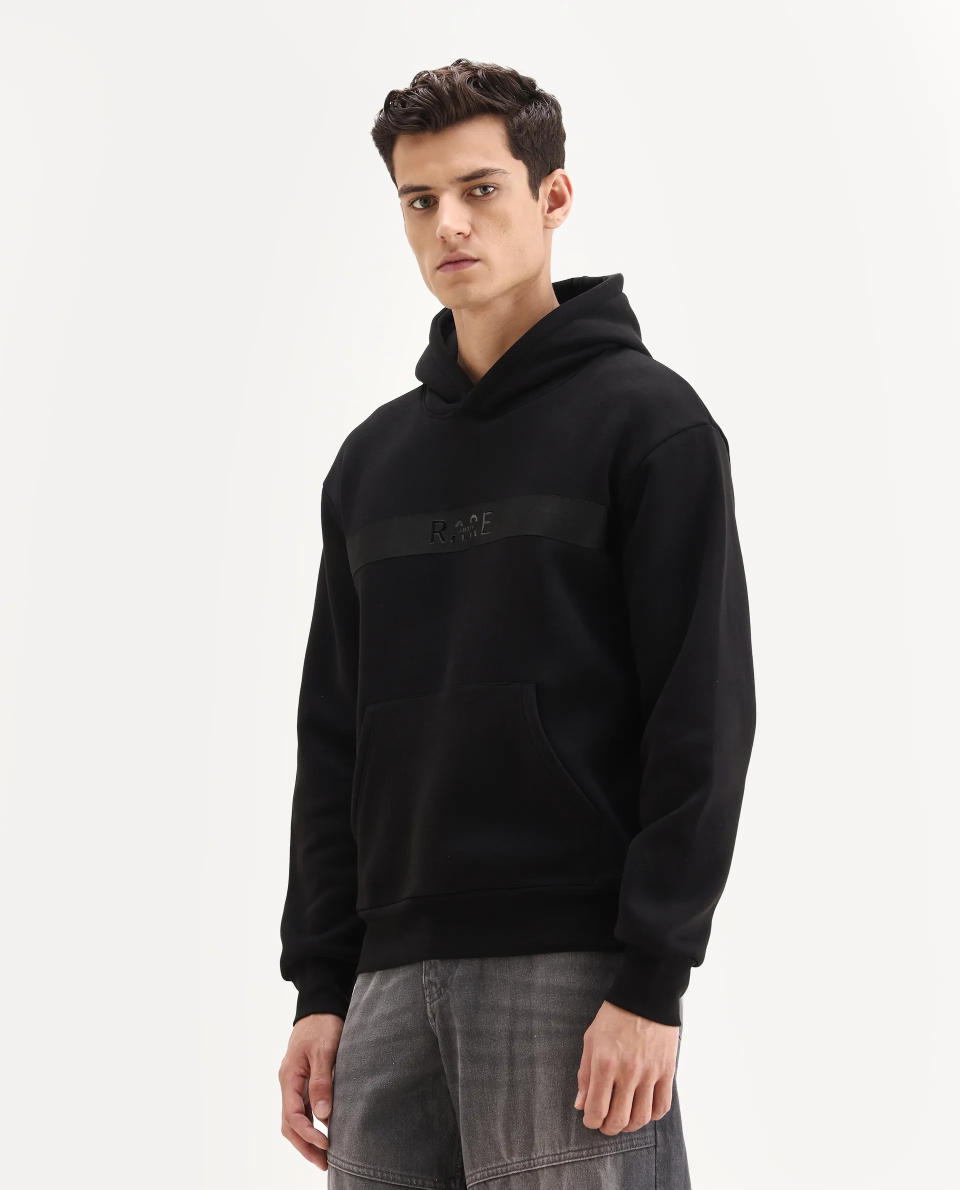 Rare Rabbit Men's Brun Black Cotton Blend Graphic Print Relaxed Fit Full Sleeve Hooded Sweatshirt - Image 5