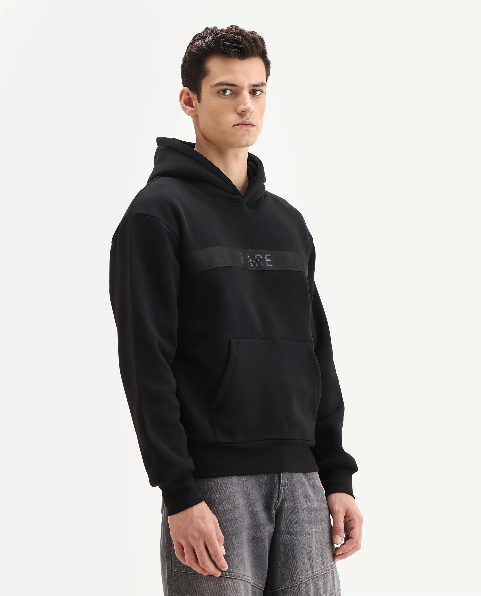 Rare Rabbit Men's Brun Black Cotton Blend Graphic Print Relaxed Fit Full Sleeve Hooded Sweatshirt - Image 6
