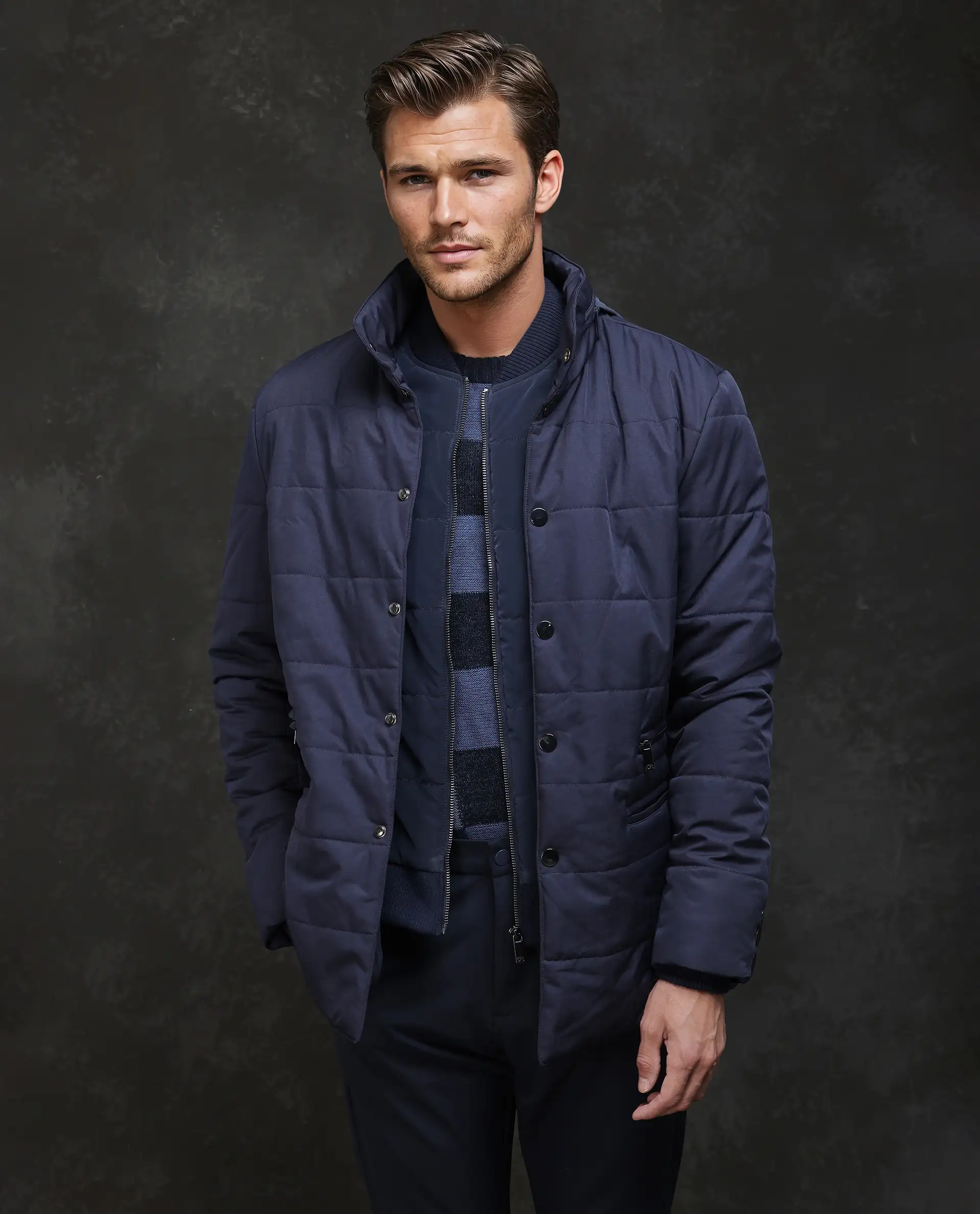 Rare Rabbit Men's Brunel Navy Polyester Plain Regular Fit Full Sleeve High Neck Jacket