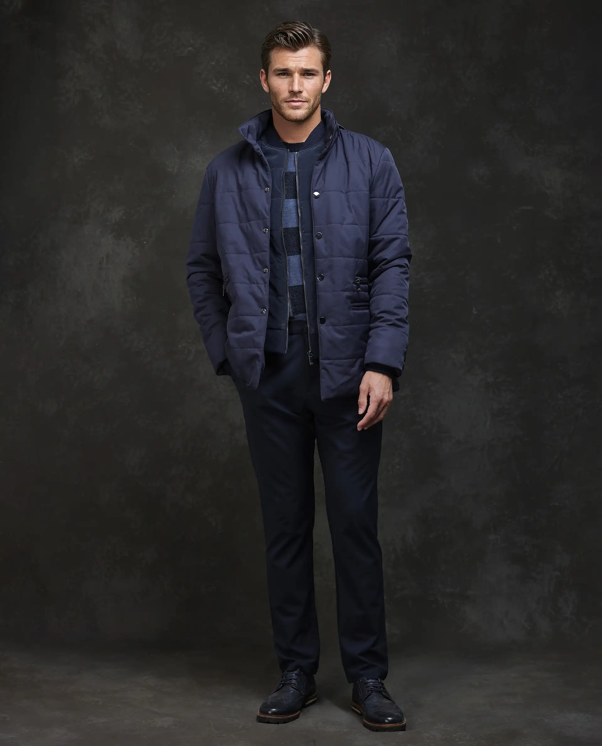 Rare Rabbit Men's Brunel Navy Polyester Plain Regular Fit Full Sleeve High Neck Jacket - Image 2