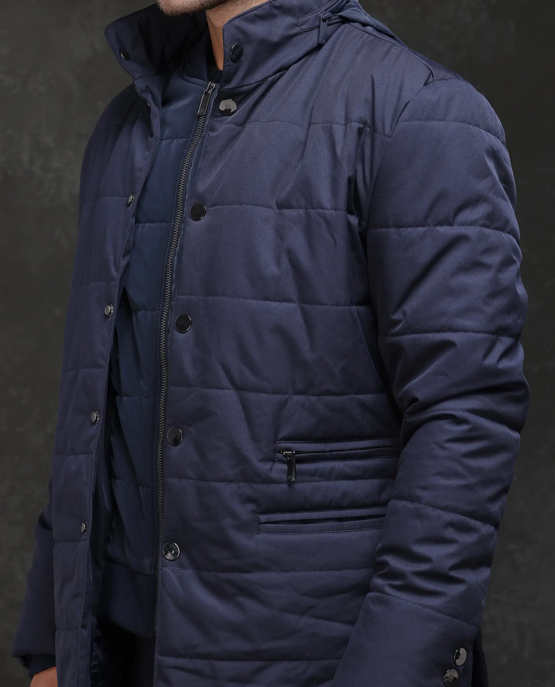 Rare Rabbit Men's Brunel Navy Polyester Plain Regular Fit Full Sleeve High Neck Jacket - Image 3
