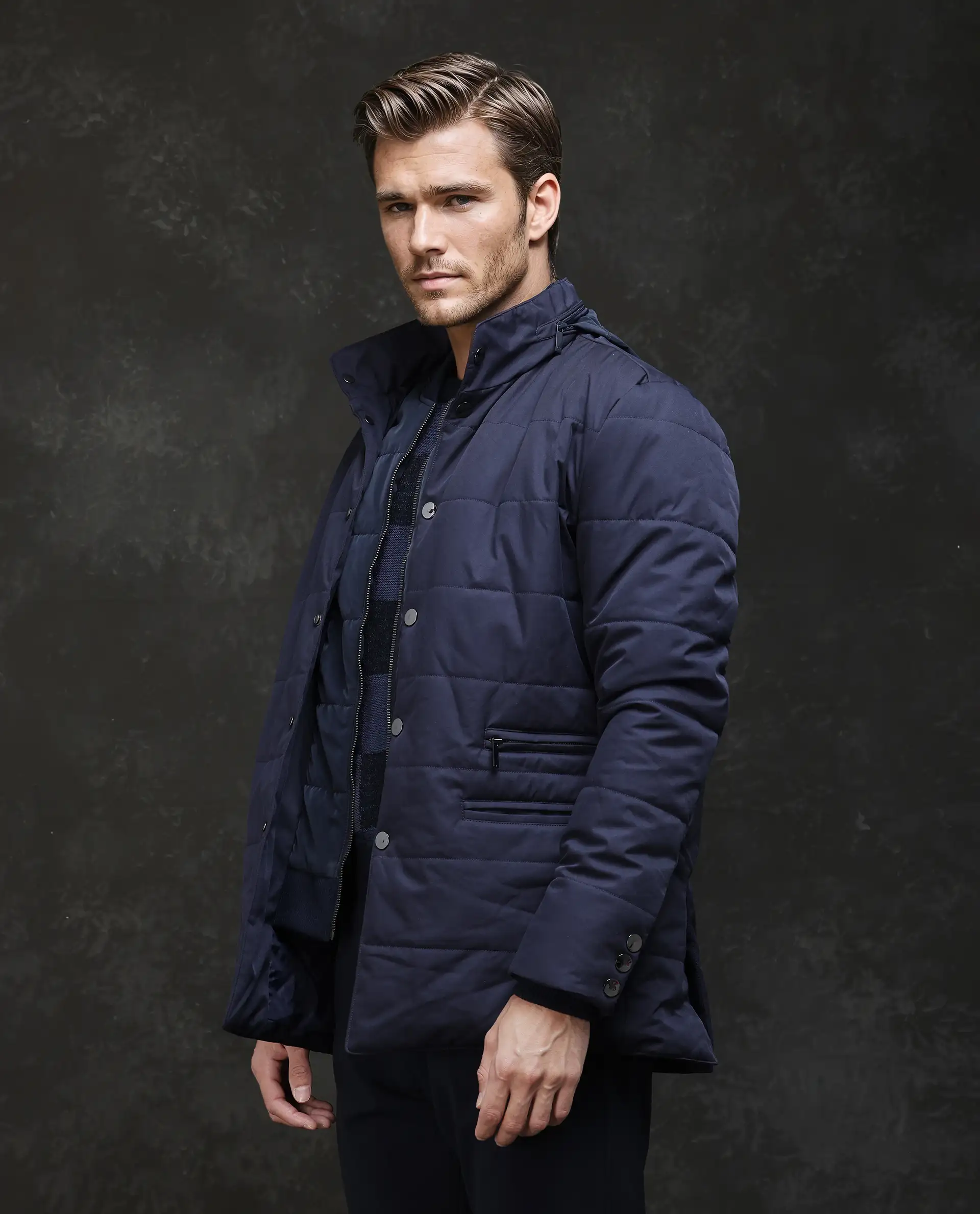 Rare Rabbit Men's Brunel Navy Polyester Plain Regular Fit Full Sleeve High Neck Jacket - Image 5