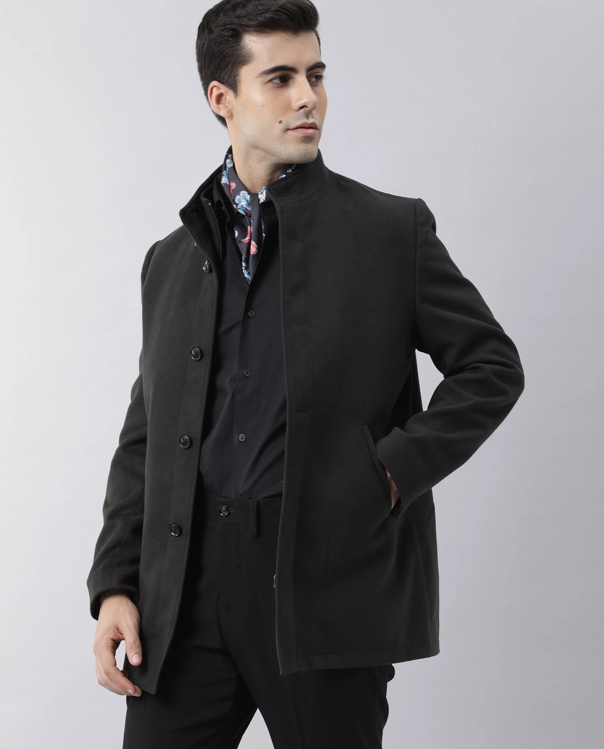 Rare Rabbit Men's Brush Black Polyester Plain Regular Fit Full Sleeve Mandarin Collar Jacket - Image 2