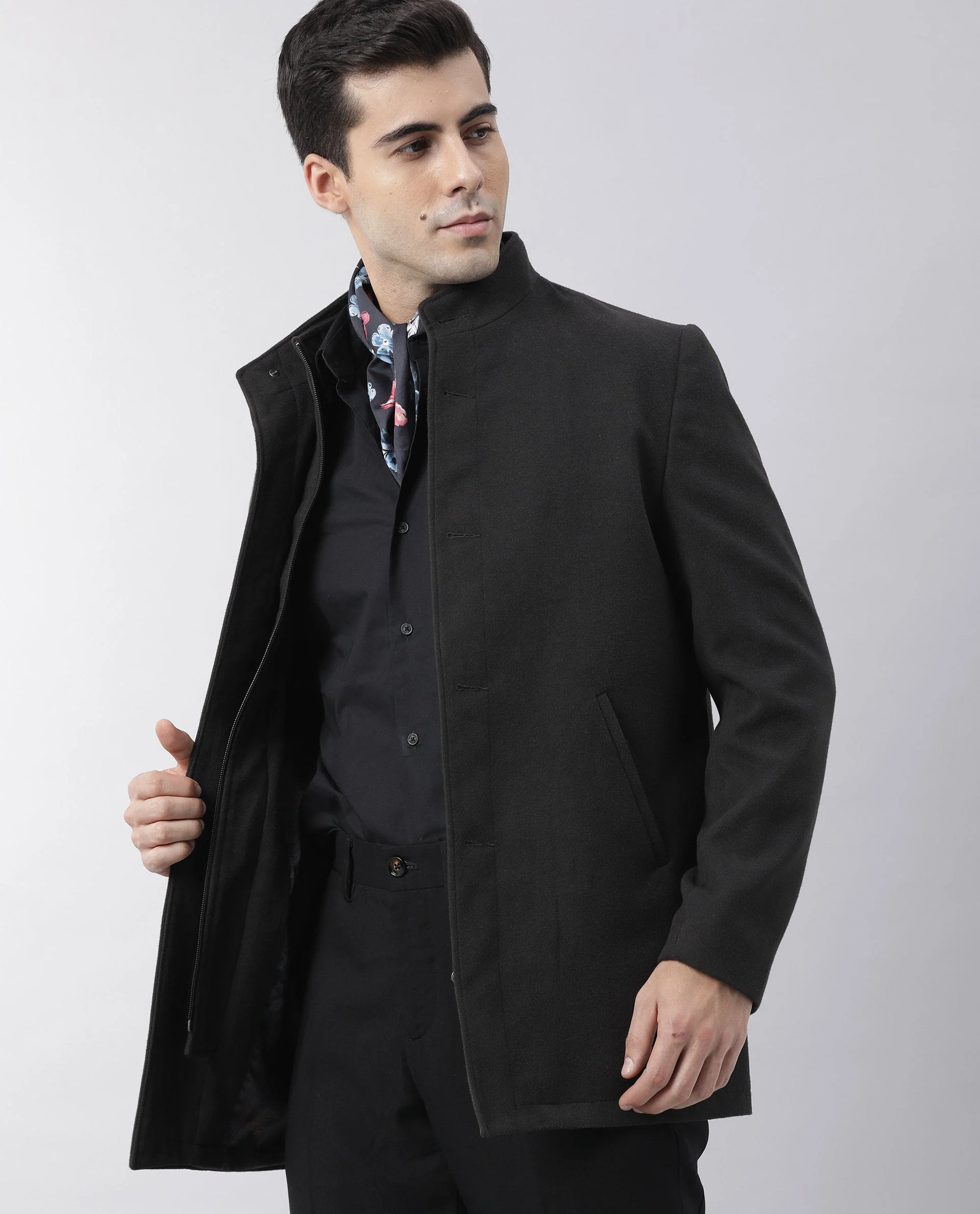 Rare Rabbit Men's Brush Black Polyester Plain Regular Fit Full Sleeve Mandarin Collar Jacket - Image 3