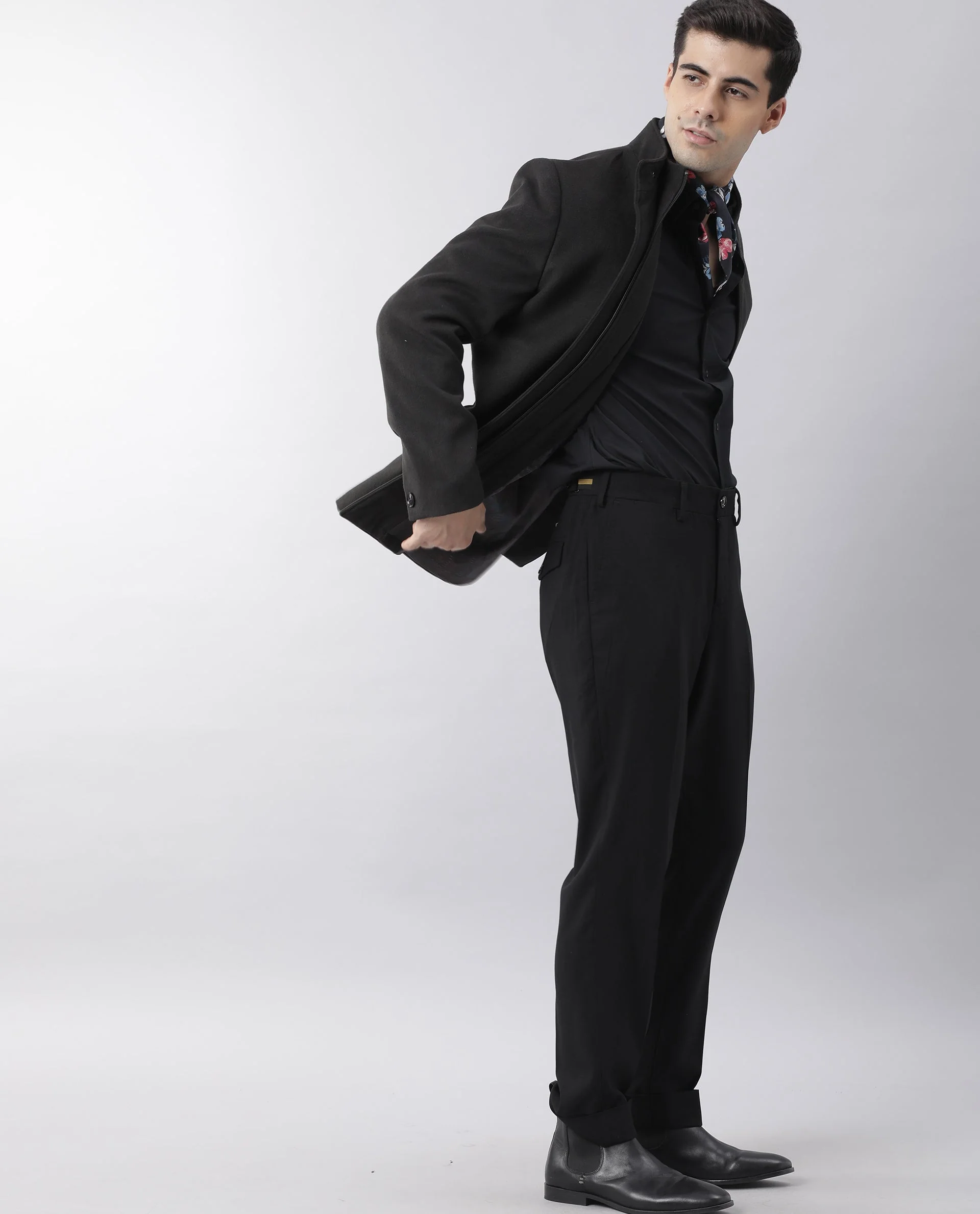 Rare Rabbit Men's Brush Black Polyester Plain Regular Fit Full Sleeve Mandarin Collar Jacket - Image 4