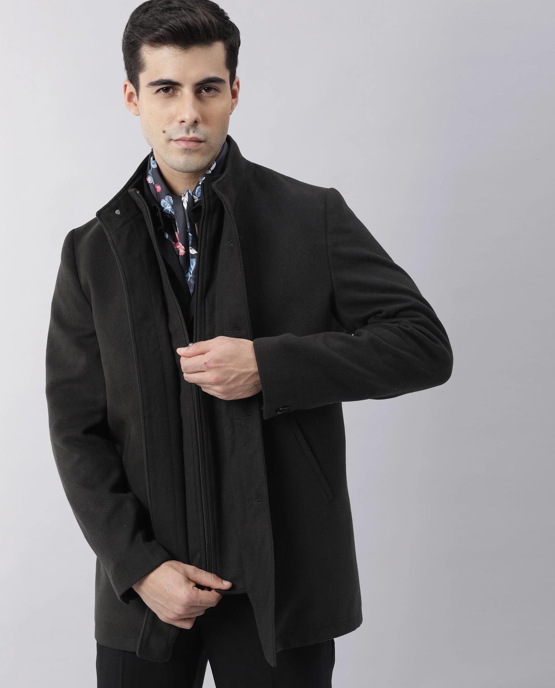 Rare Rabbit Men's Brush Black Polyester Plain Regular Fit Full Sleeve Mandarin Collar Jacket - Image 5