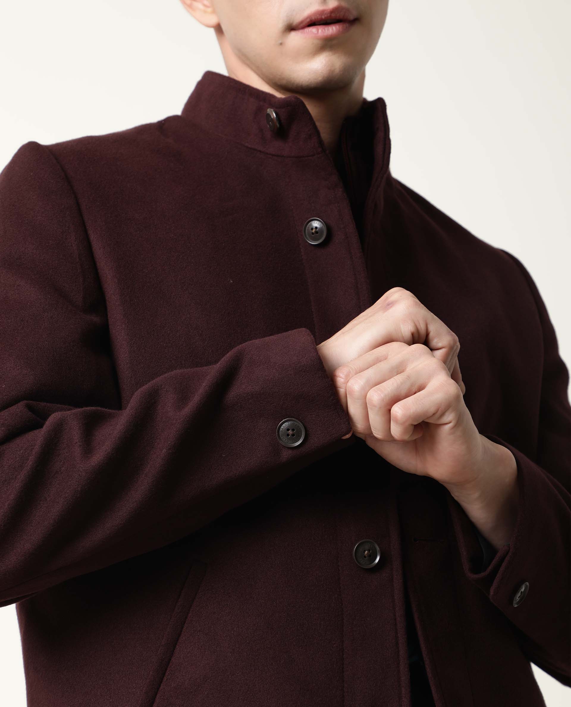 Rare Rabbit Men's Brush Maroon Polyester Plain Regular Fit Full Sleeve Mandarin Collar Jacket - Image 2