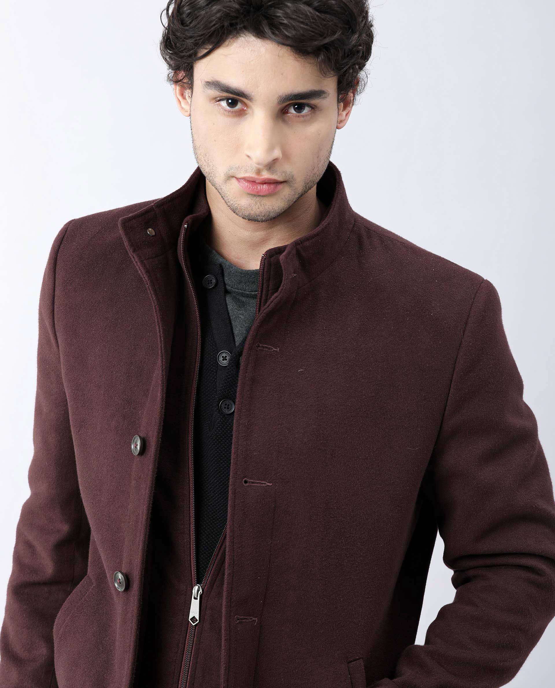 Rare Rabbit Men's Brush Maroon Polyester Plain Regular Fit Full Sleeve Mandarin Collar Jacket - Image 4