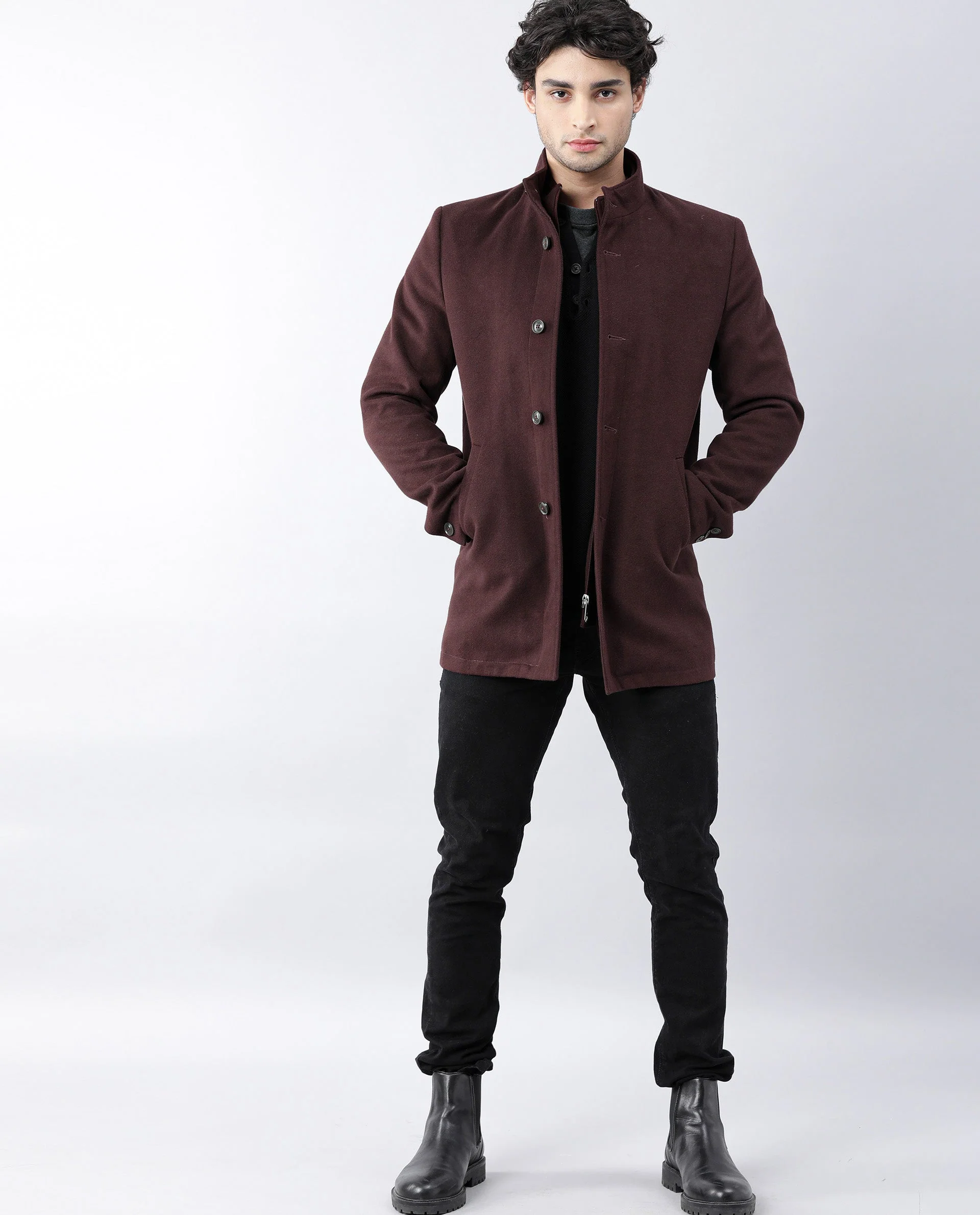 Rare Rabbit Men's Brush Maroon Polyester Plain Regular Fit Full Sleeve Mandarin Collar Jacket - Image 5