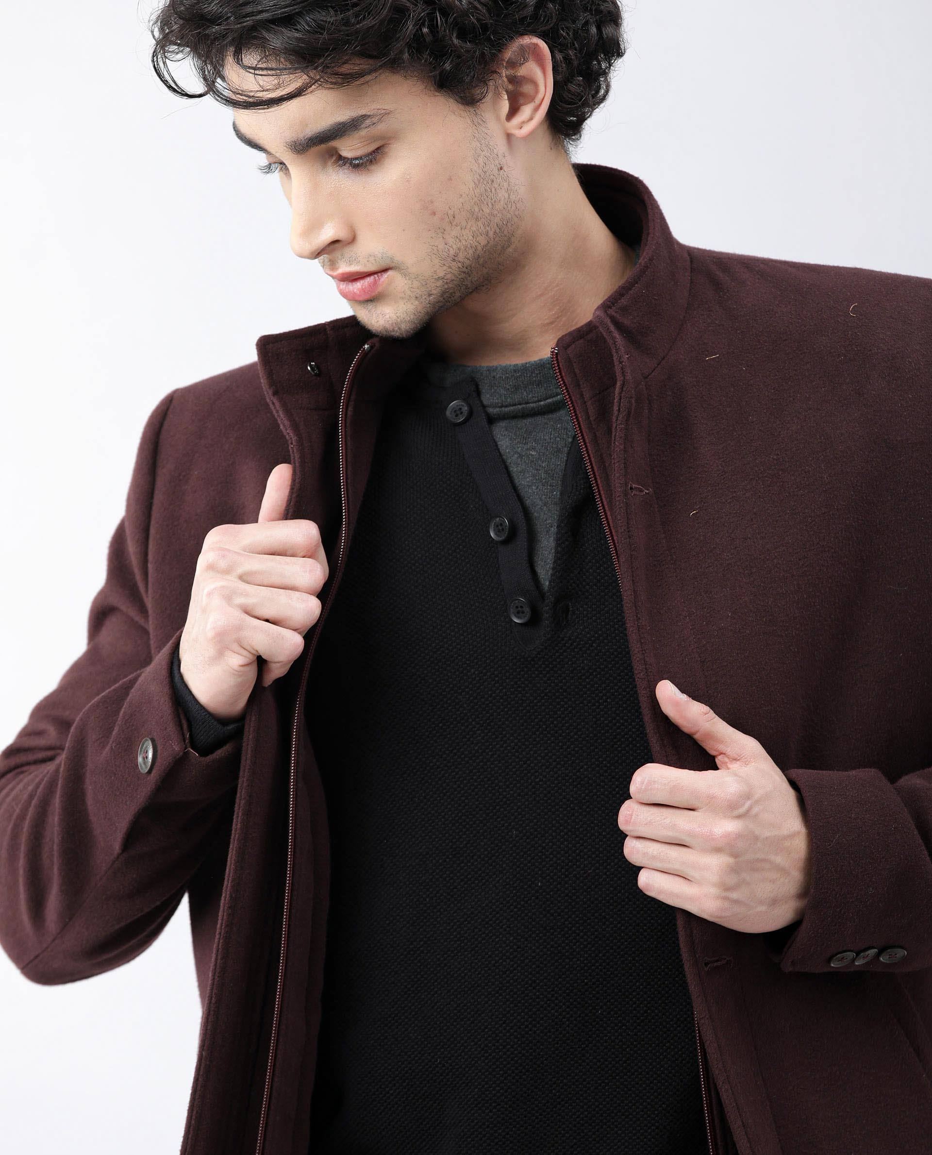 Rare Rabbit Men's Brush Maroon Polyester Plain Regular Fit Full Sleeve Mandarin Collar Jacket - Image 6