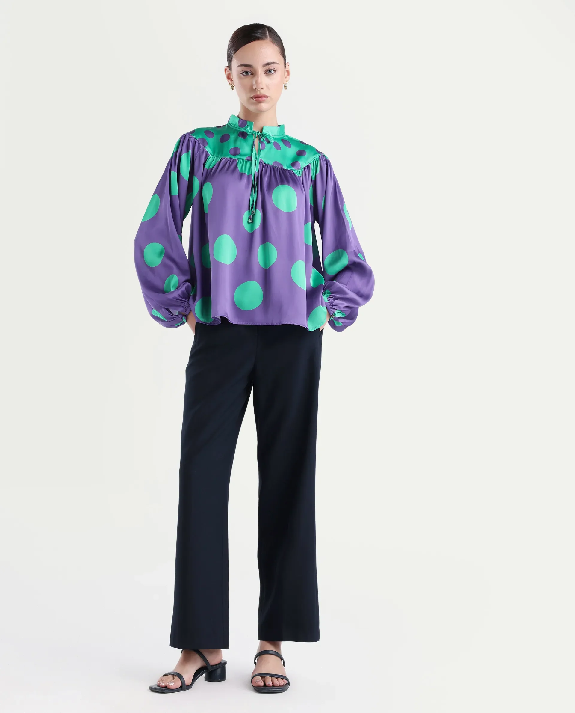 Rareism Women's Brust Purple Polyester Mandarin Collar Polka Print Bishop Sleeve Relaxed Fit Top - Image 2