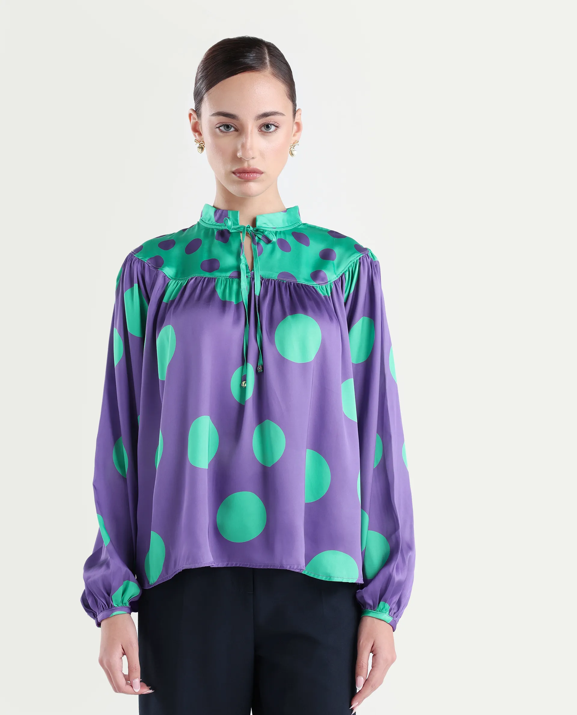 Rareism Women's Brust Purple Polyester Mandarin Collar Polka Print Bishop Sleeve Relaxed Fit Top - Image 3