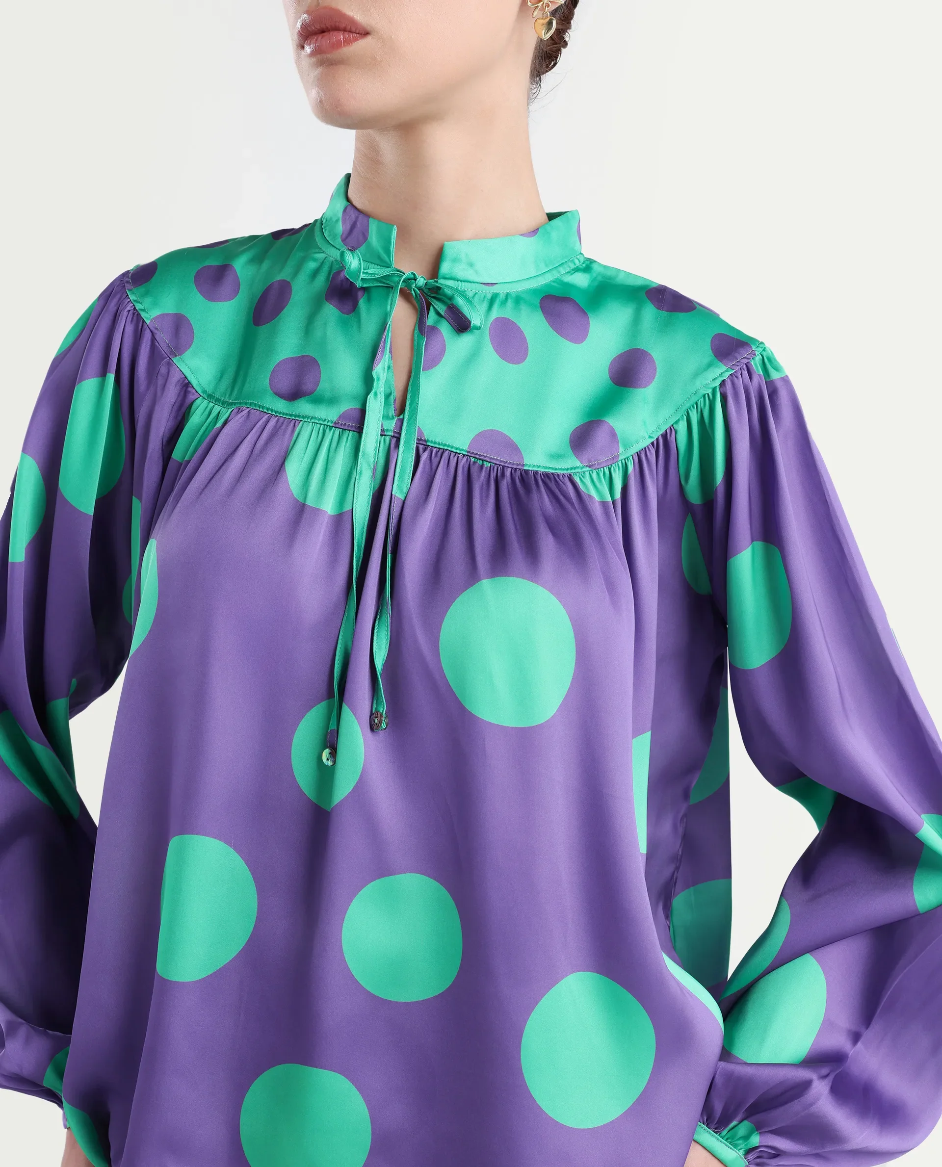 Rareism Women's Brust Purple Polyester Mandarin Collar Polka Print Bishop Sleeve Relaxed Fit Top - Image 4