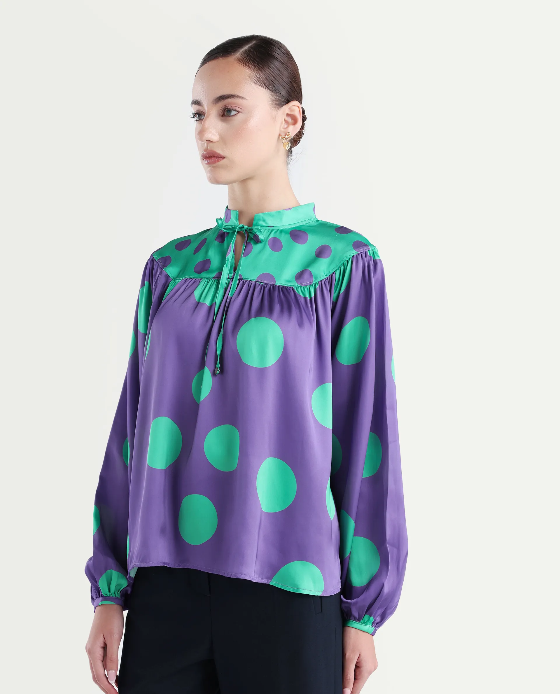 Rareism Women's Brust Purple Polyester Mandarin Collar Polka Print Bishop Sleeve Relaxed Fit Top - Image 5