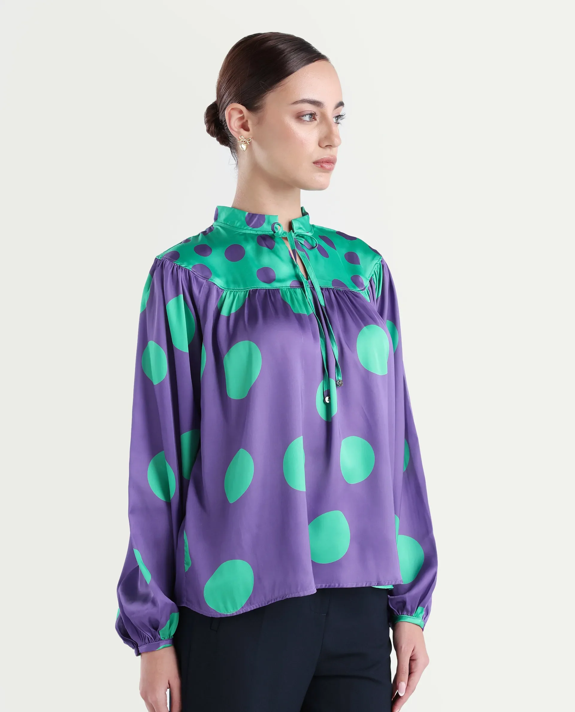 Rareism Women's Brust Purple Polyester Mandarin Collar Polka Print Bishop Sleeve Relaxed Fit Top - Image 6