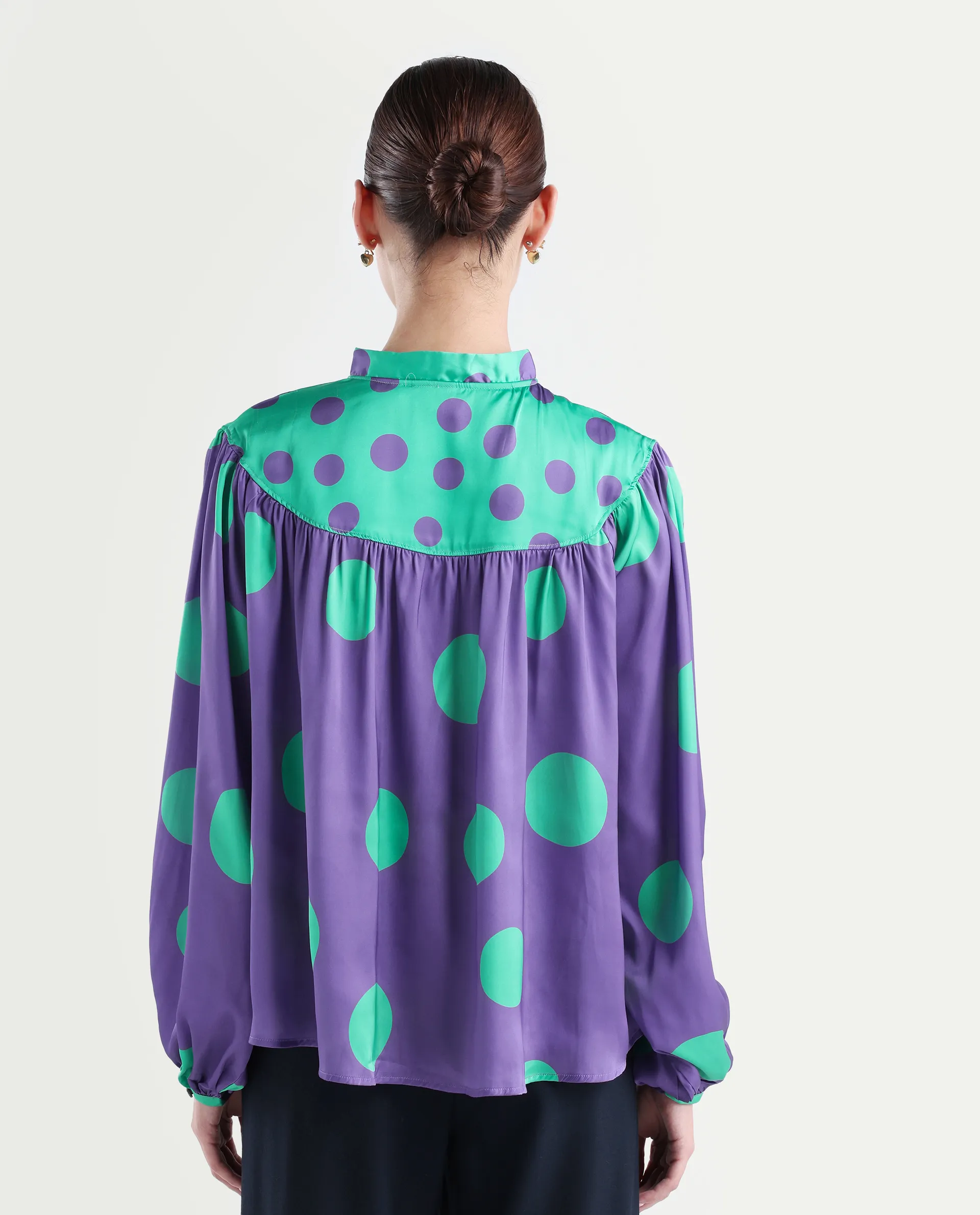 Rareism Women's Brust Purple Polyester Mandarin Collar Polka Print Bishop Sleeve Relaxed Fit Top - Image 7
