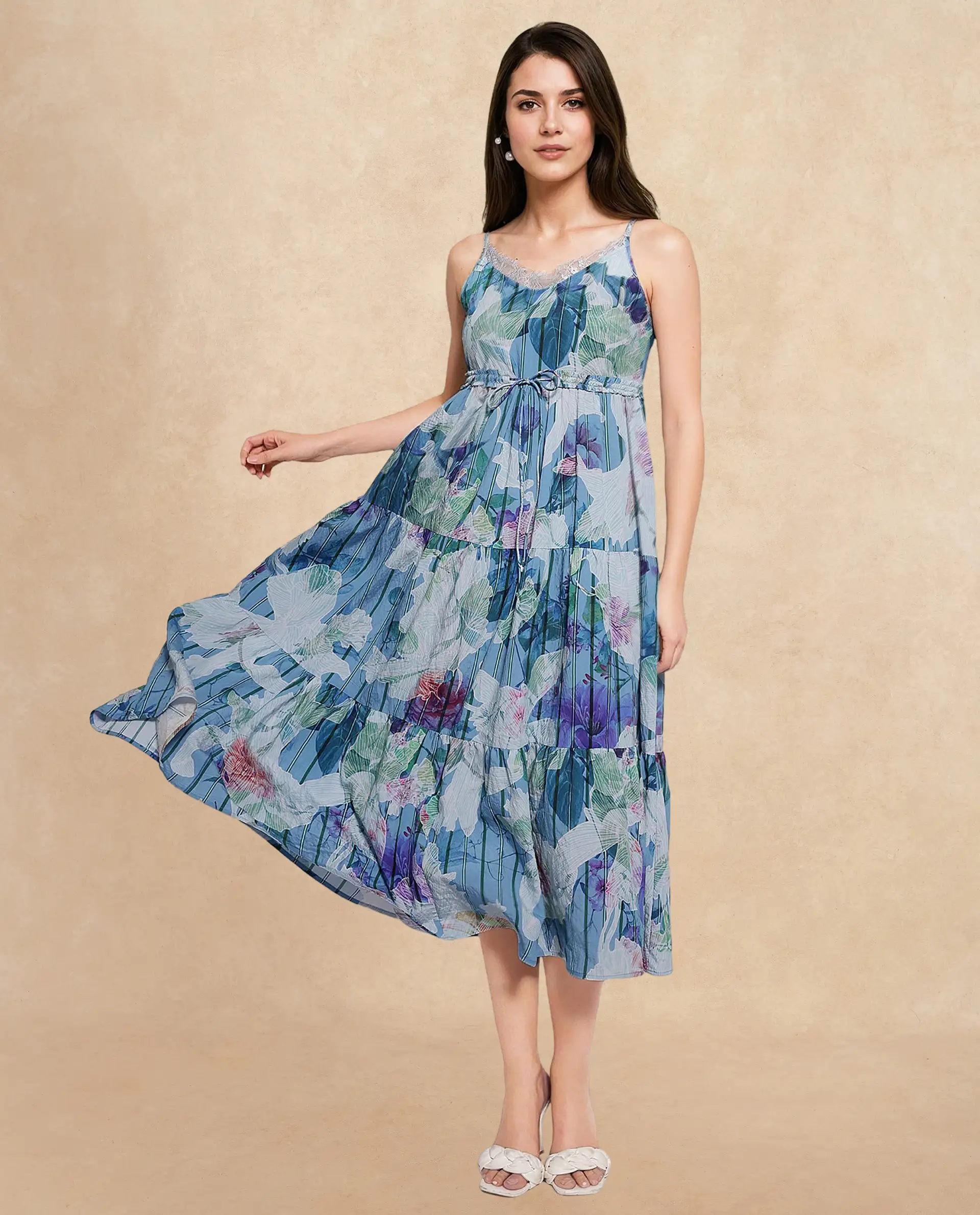 Rareism Women's Btewart Blue Nylon Blend Shoulder Strap Floral Print Shoulder Strap Midi Fit And Flare Dress