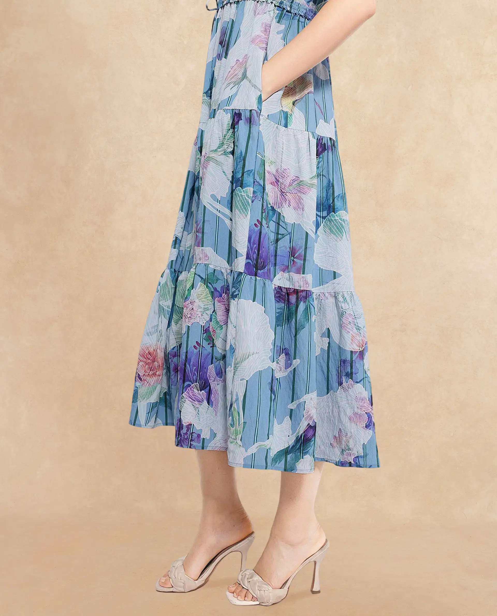 Rareism Women's Btewart Blue Nylon Blend Shoulder Strap Floral Print Shoulder Strap Midi Fit And Flare Dress - Image 3