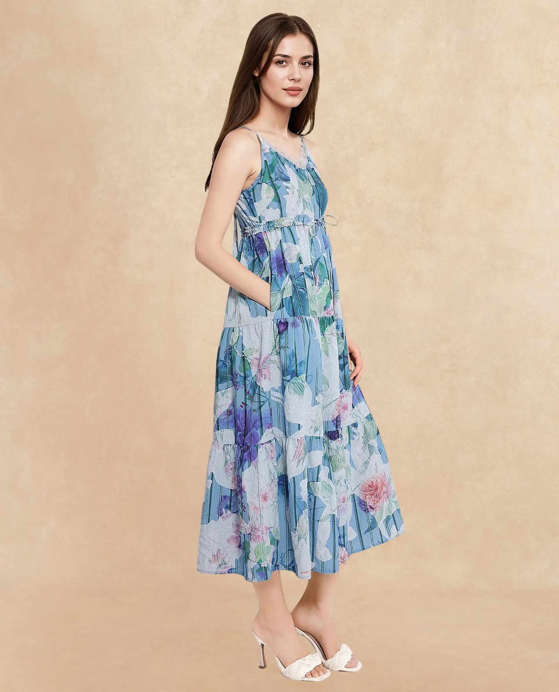 Rareism Women's Btewart Blue Nylon Blend Shoulder Strap Floral Print Shoulder Strap Midi Fit And Flare Dress - Image 4