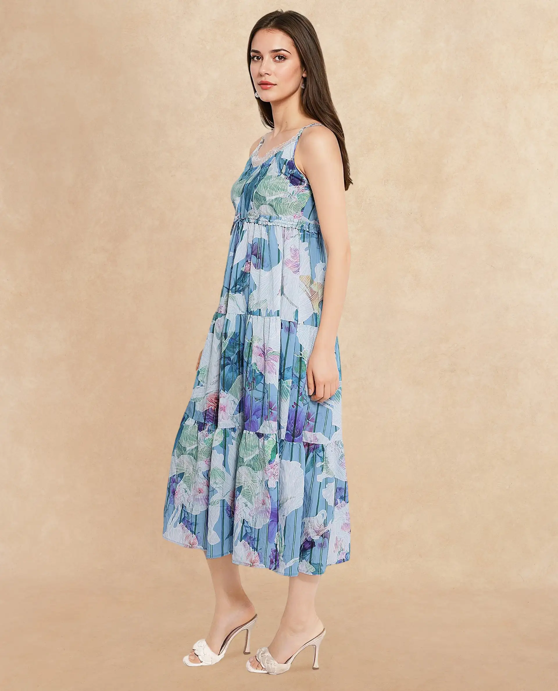 Rareism Women's Btewart Blue Nylon Blend Shoulder Strap Floral Print Shoulder Strap Midi Fit And Flare Dress - Image 5