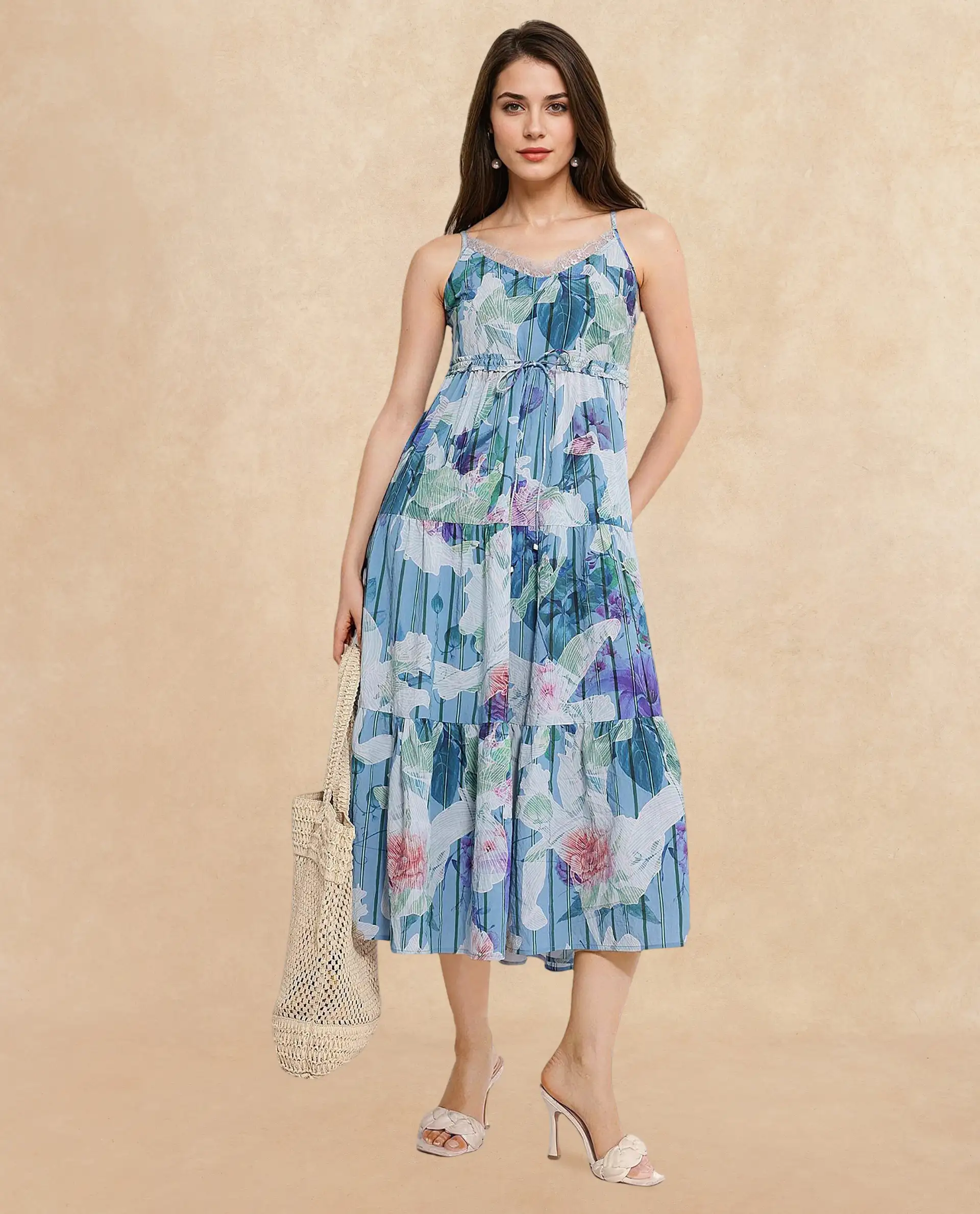 Rareism Women's Btewart Blue Nylon Blend Shoulder Strap Floral Print Shoulder Strap Midi Fit And Flare Dress - Image 6