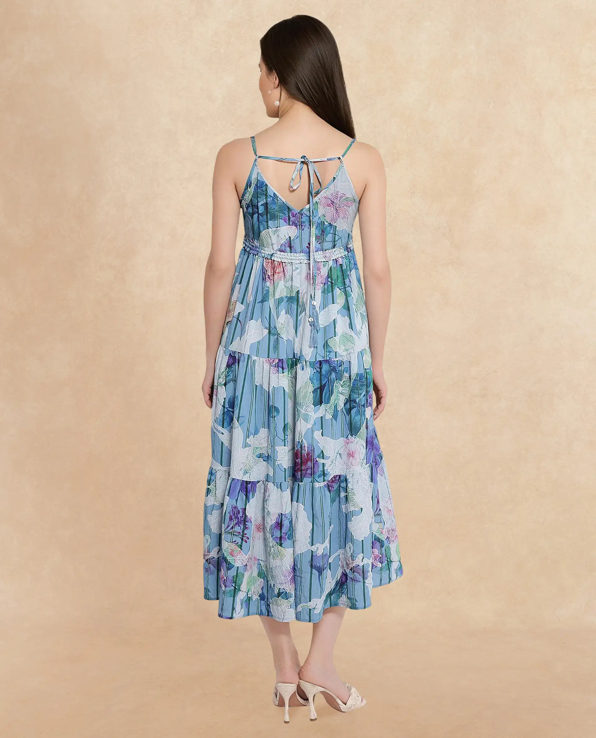 Rareism Women's Btewart Blue Nylon Blend Shoulder Strap Floral Print Shoulder Strap Midi Fit And Flare Dress - Image 8