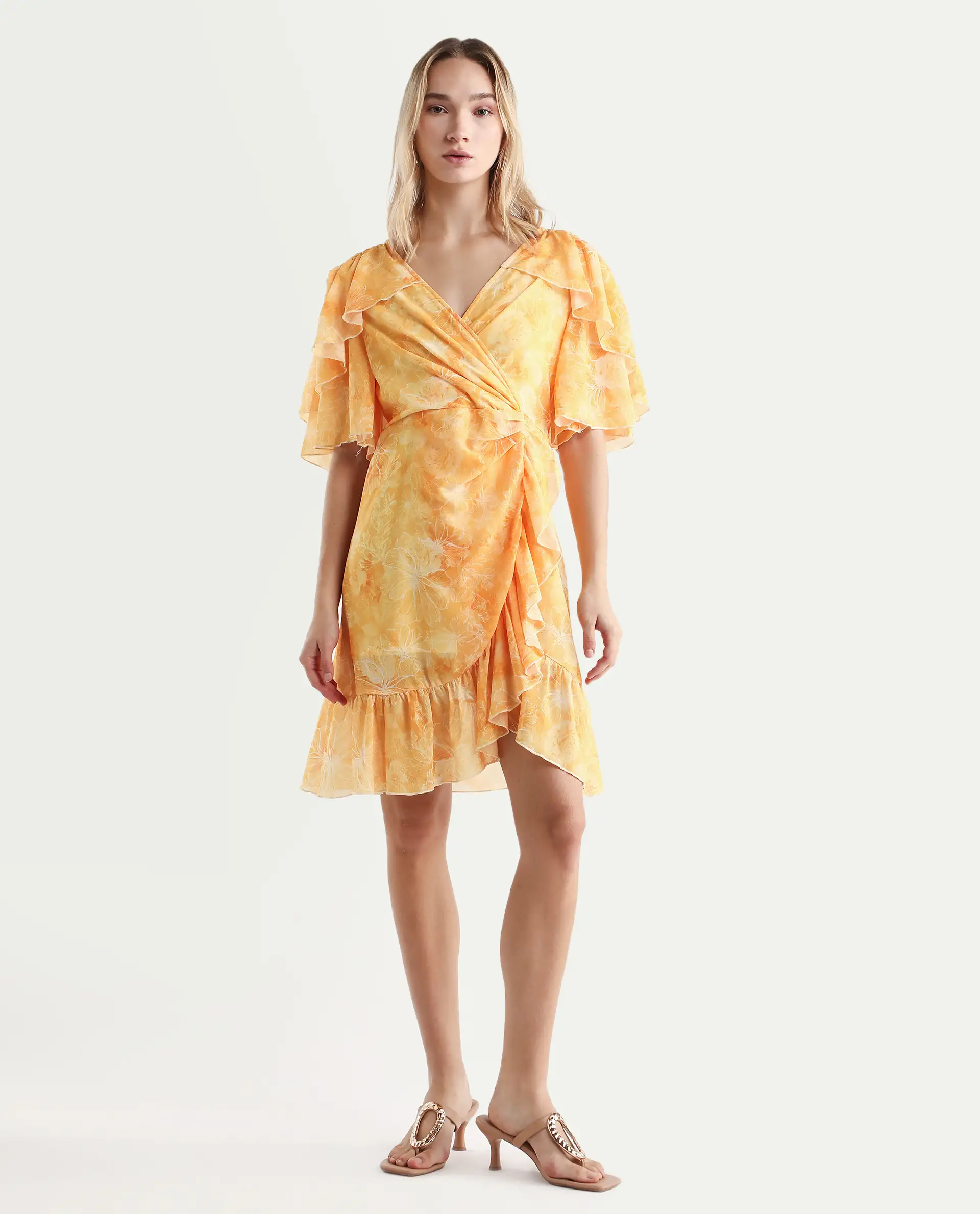 Rareism Women's Buckley Yellow Polyester Overlap Neck Floral Print Raglan Sleeve Knee Length Fit And Flare Dress - Image 2