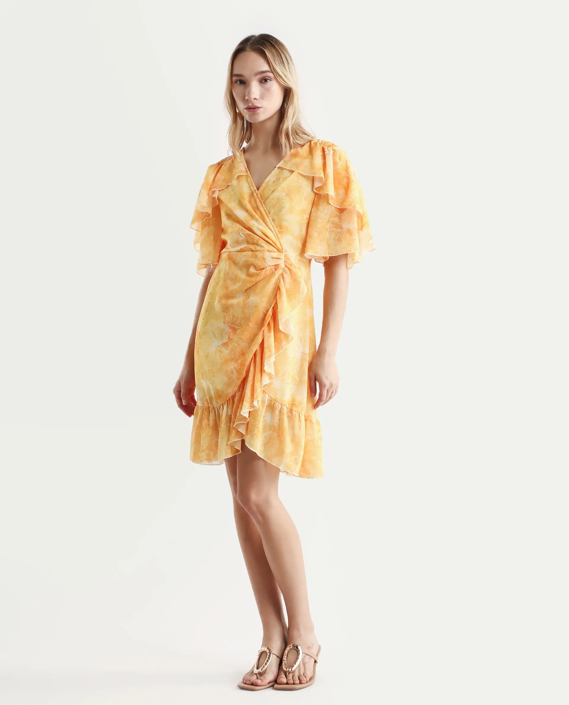 Rareism Women's Buckley Yellow Polyester Overlap Neck Floral Print Raglan Sleeve Knee Length Fit And Flare Dress - Image 3