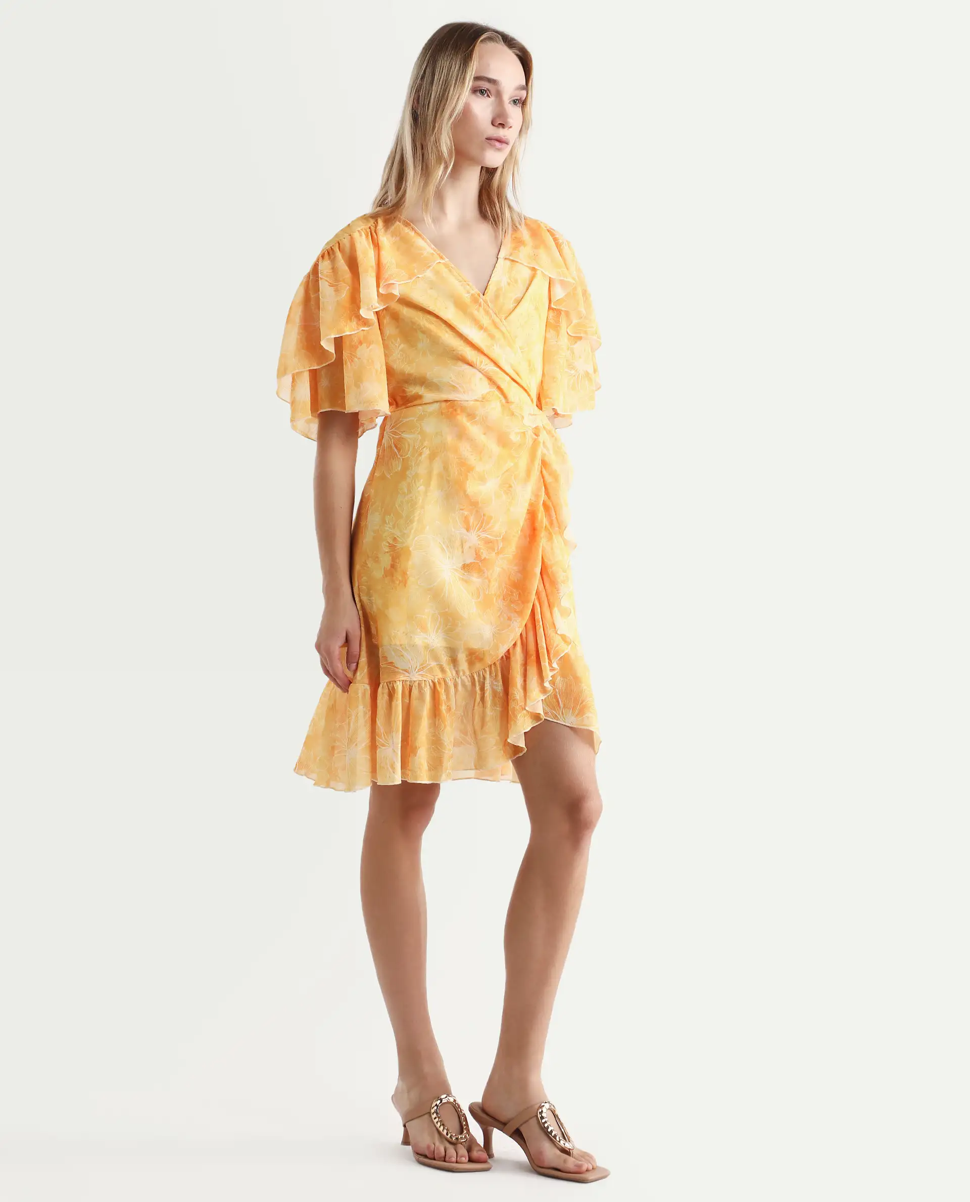 Rareism Women's Buckley Yellow Polyester Overlap Neck Floral Print Raglan Sleeve Knee Length Fit And Flare Dress - Image 4