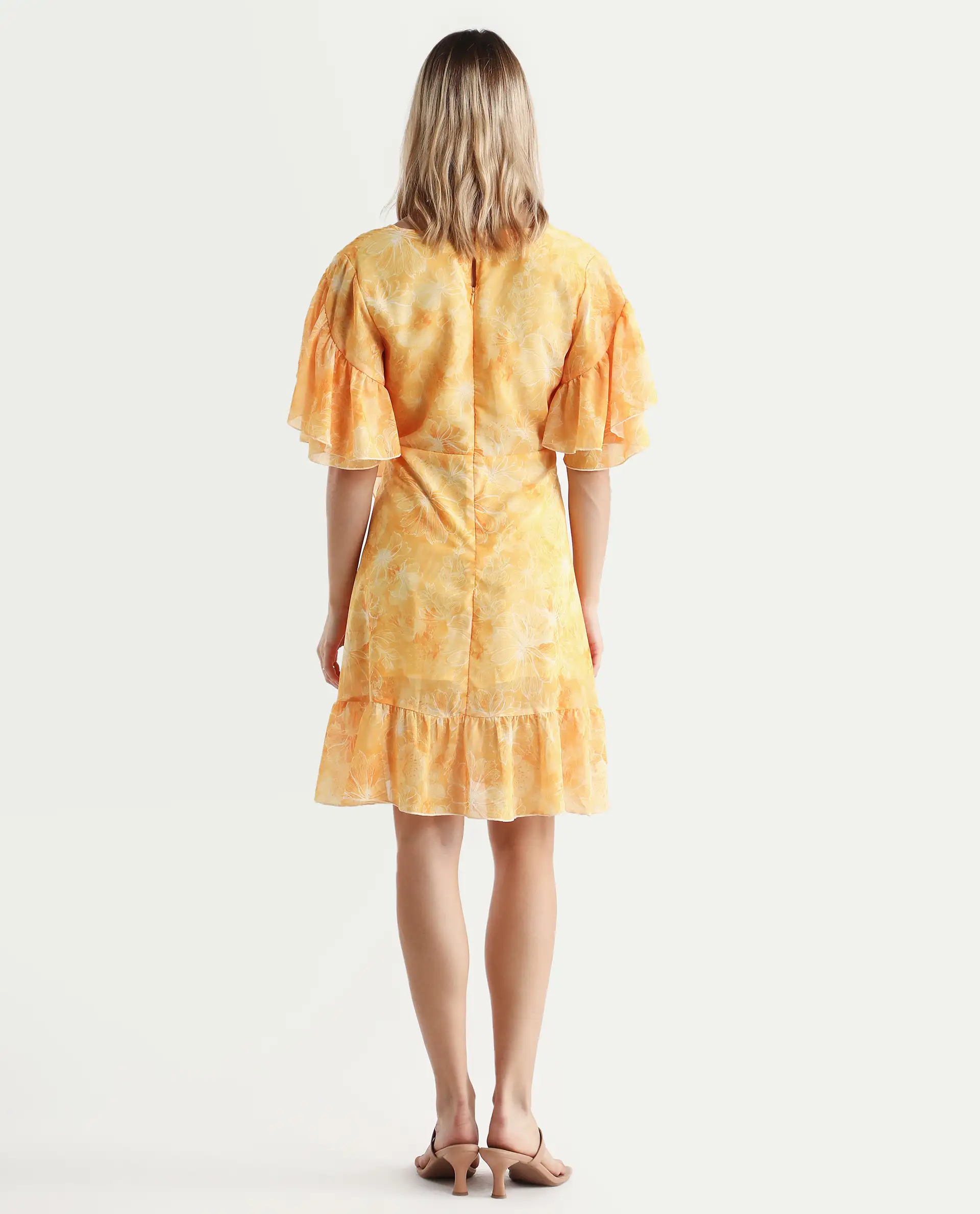 Rareism Women's Buckley Yellow Polyester Overlap Neck Floral Print Raglan Sleeve Knee Length Fit And Flare Dress - Image 5
