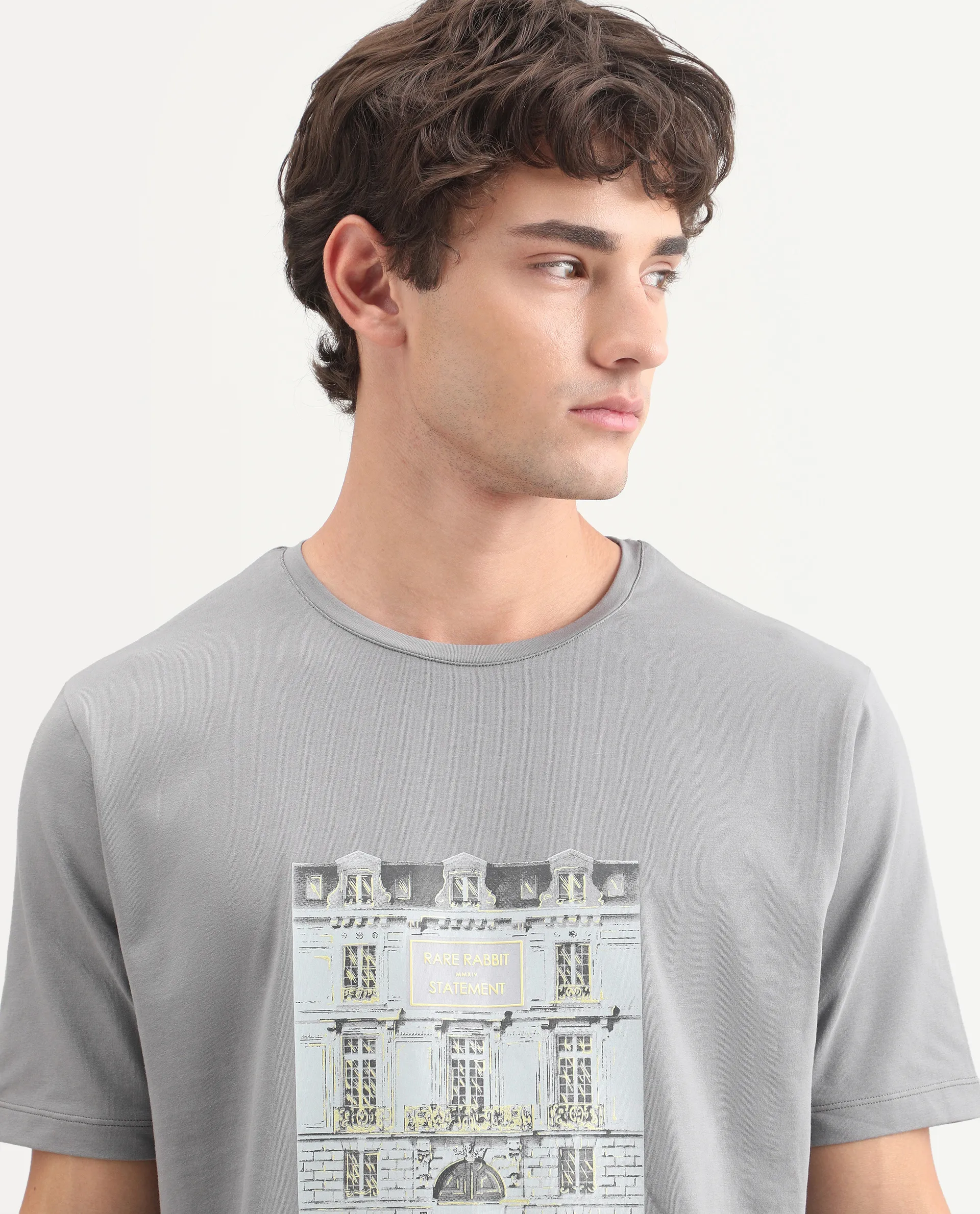 Rare Rabbit Men's Buda Grey Cotton Blend Crew Neck Regular Graphic Print T-Shirt - Image 3