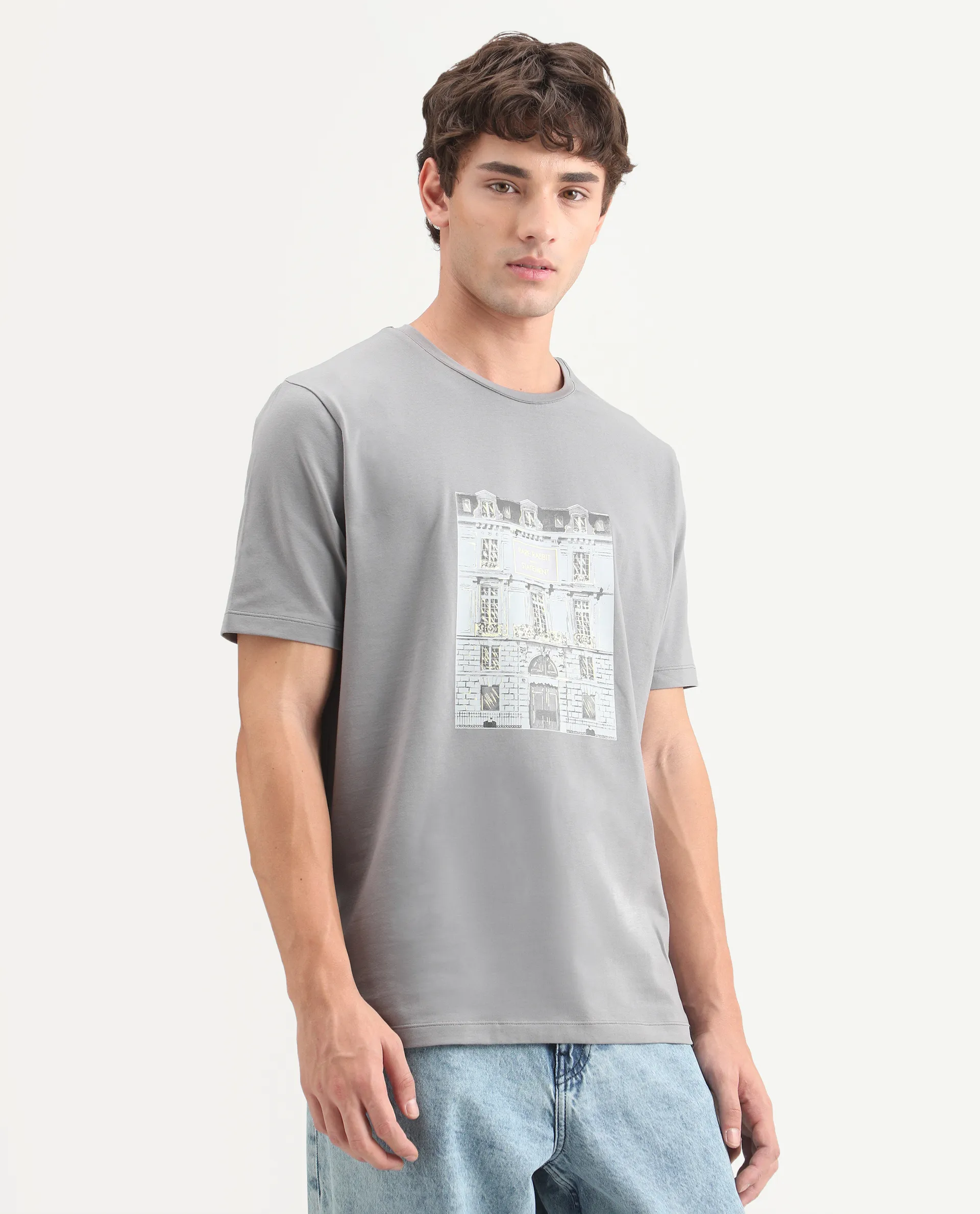 Rare Rabbit Men's Buda Grey Cotton Blend Crew Neck Regular Graphic Print T-Shirt - Image 4