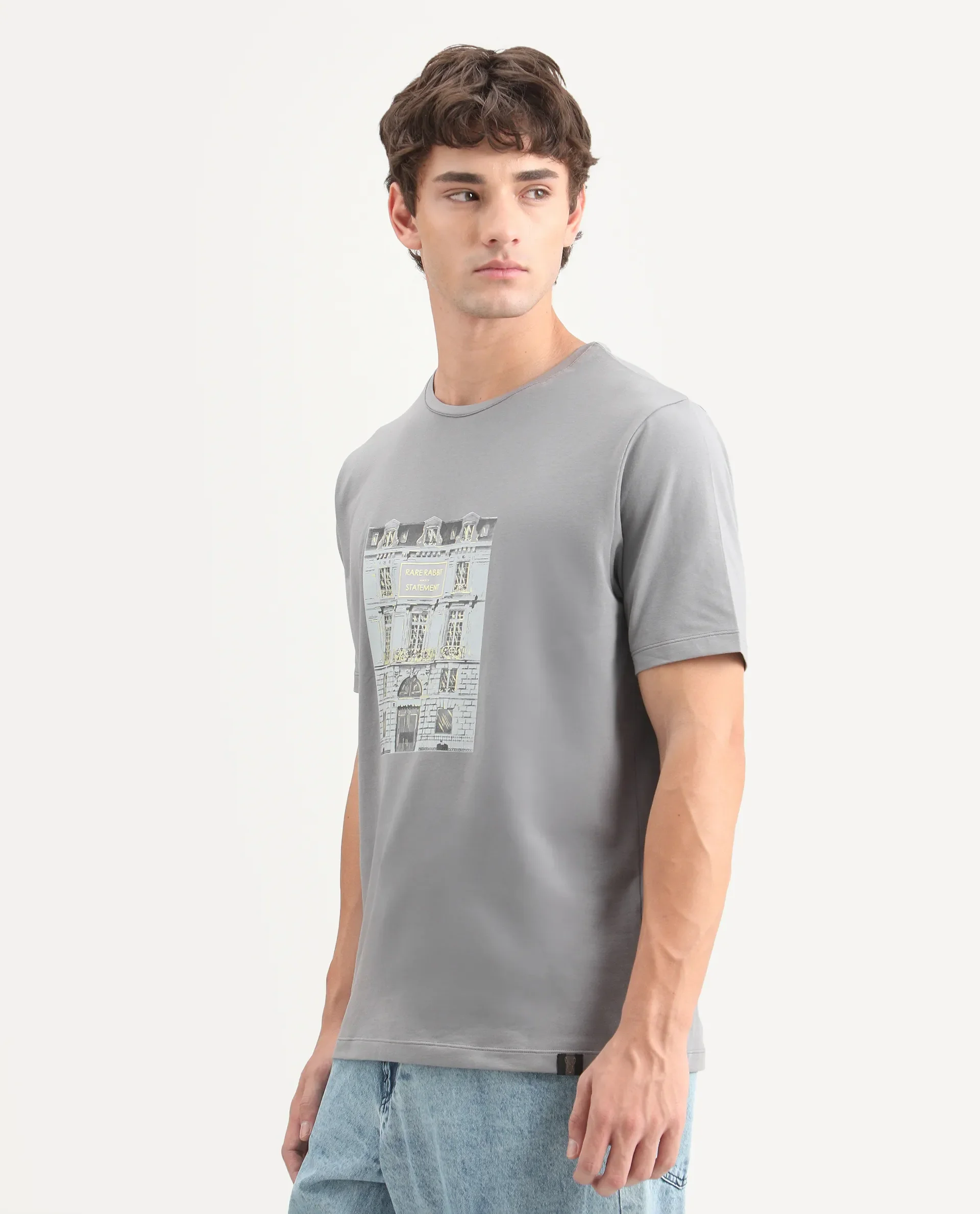 Rare Rabbit Men's Buda Grey Cotton Blend Crew Neck Regular Graphic Print T-Shirt - Image 5