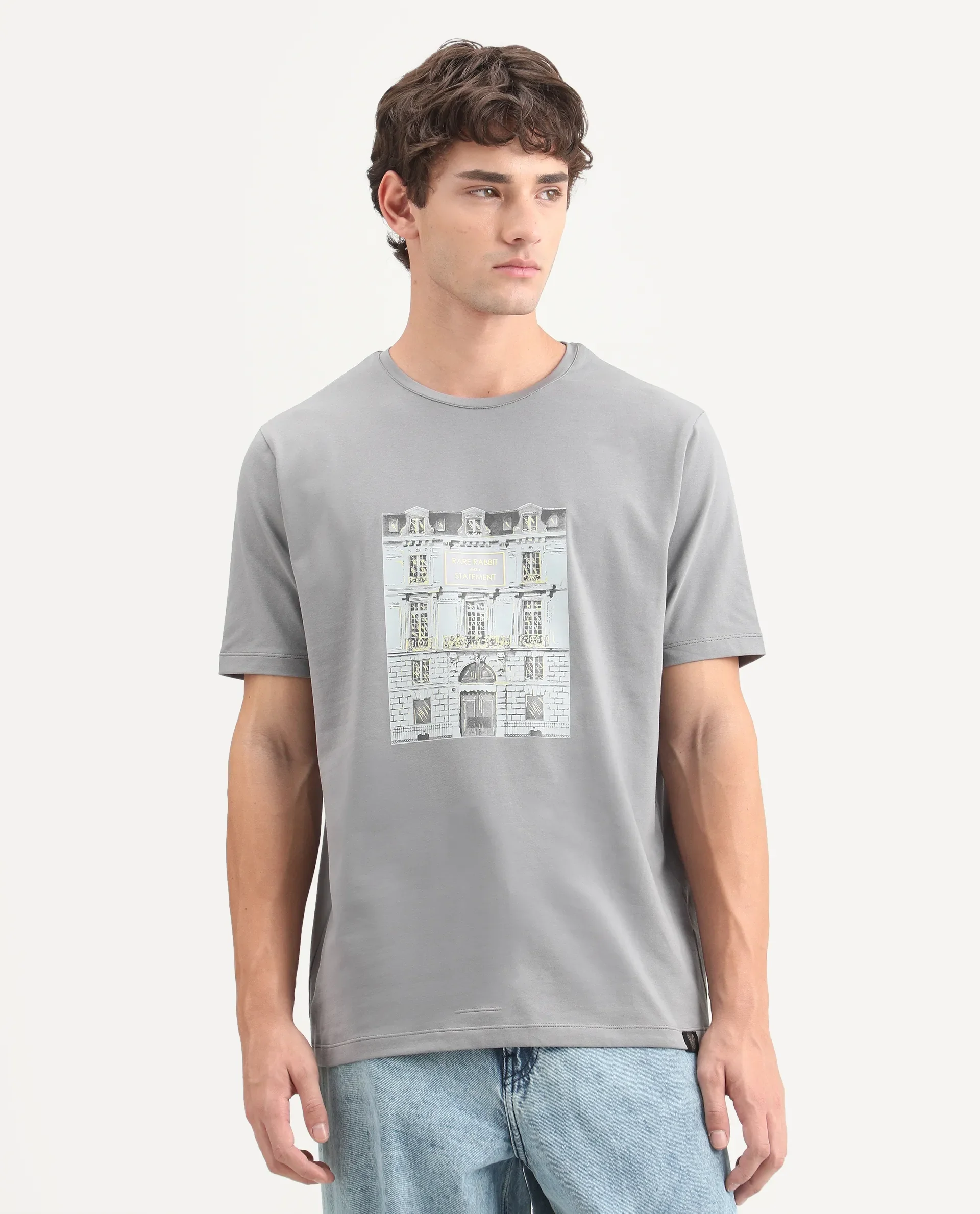 Rare Rabbit Men's Buda Grey Cotton Blend Crew Neck Regular Graphic Print T-Shirt - Image 6