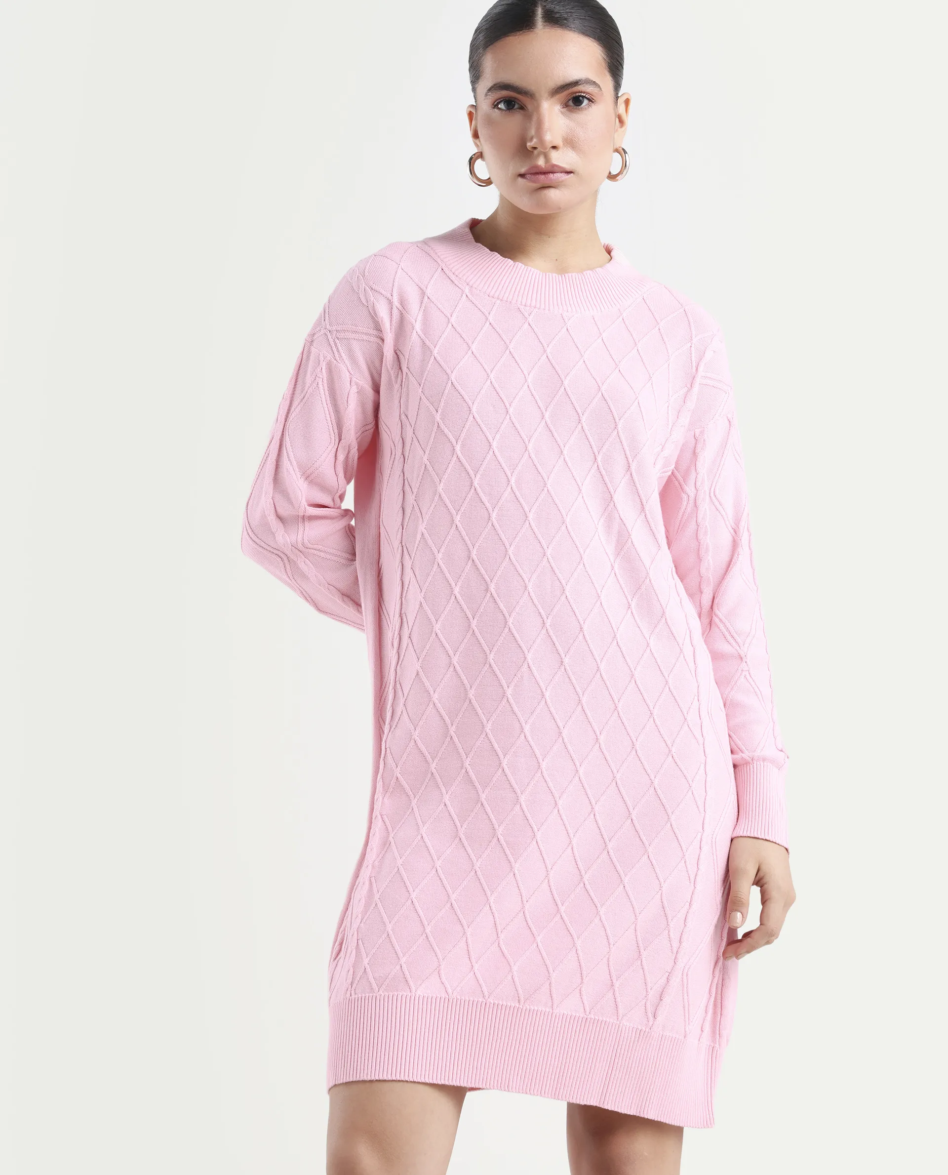 Rareism Women's Budd Light Pink Cotton Crew Neck Plain Knee Length Regular Fit Sweater