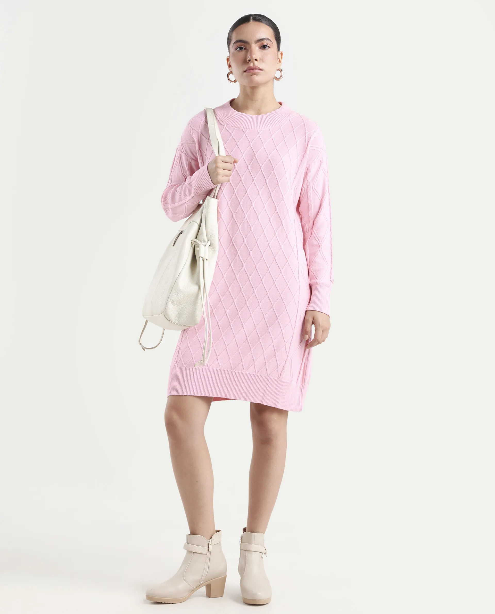 Rareism Women's Budd Light Pink Cotton Crew Neck Plain Knee Length Regular Fit Sweater - Image 2