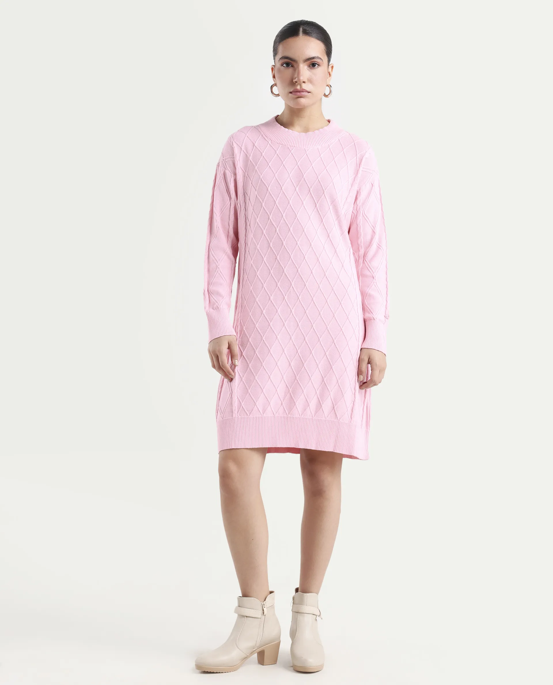 Rareism Women's Budd Light Pink Cotton Crew Neck Plain Knee Length Regular Fit Sweater - Image 3